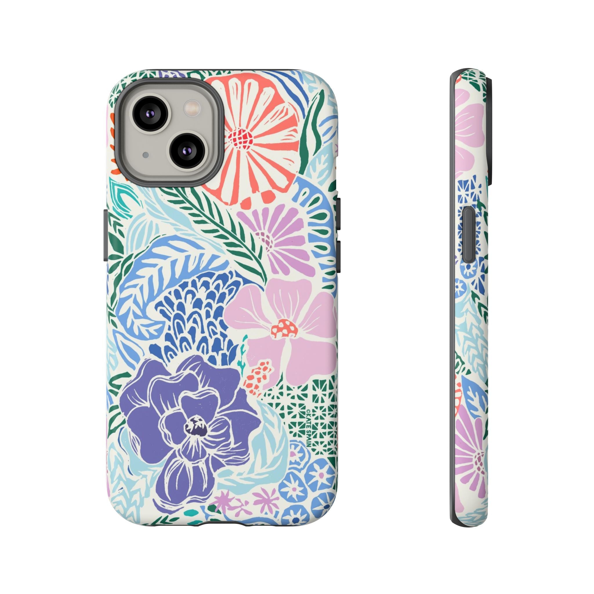 Tropica Tough iPhone 14 Case – Matte | purple, coral, pink, blue botanical tropical floral print