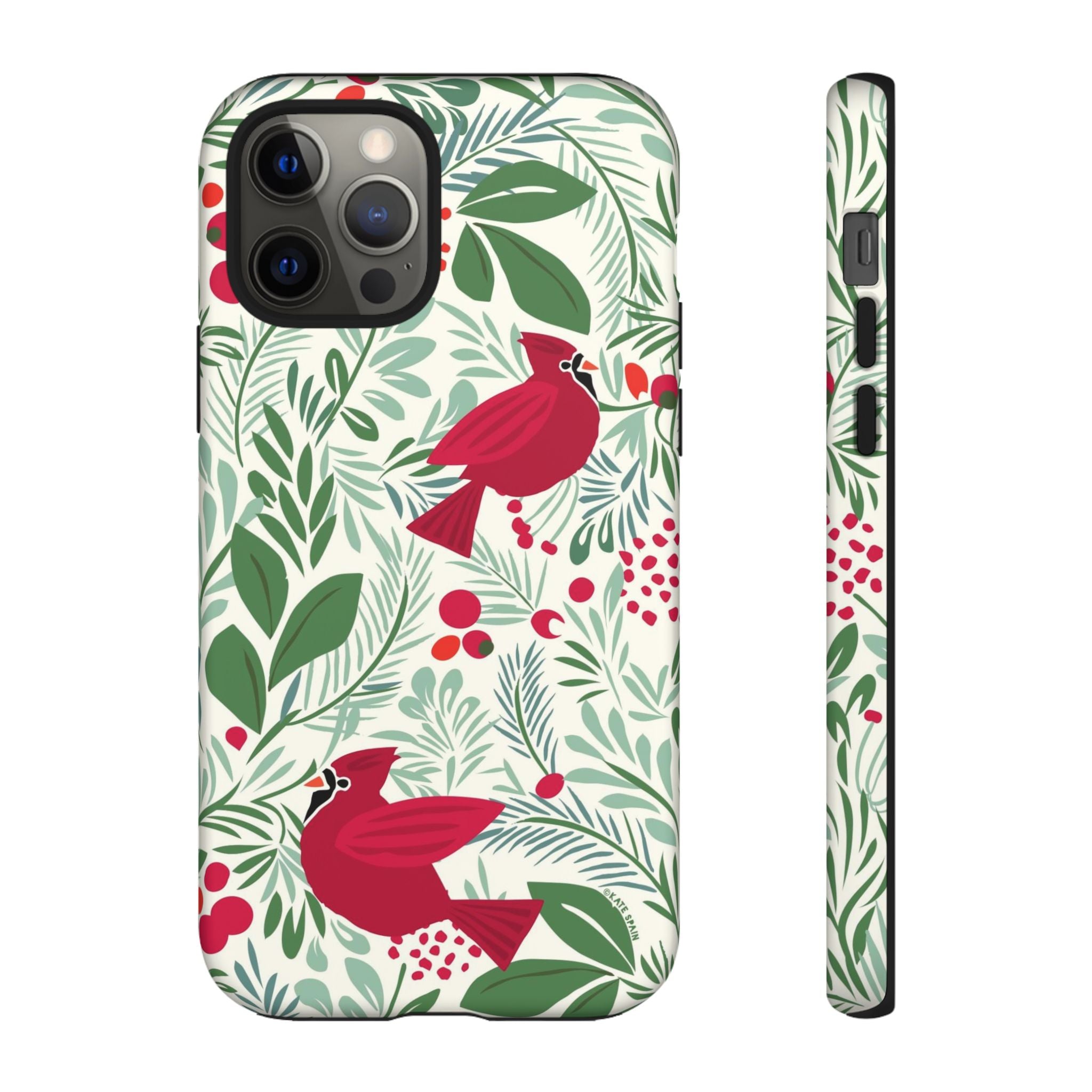 Birds and Berries Tough iPhone 12 Pro Case – Matte | cream, red, green botanical cardinal berry print