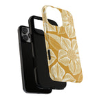 Vintage Bloom Gold iPhone 16 Pro Max case – Glossy | gold ground, large-scale cream clematis print, dual-layer case and inner lining detail with camera cutout view