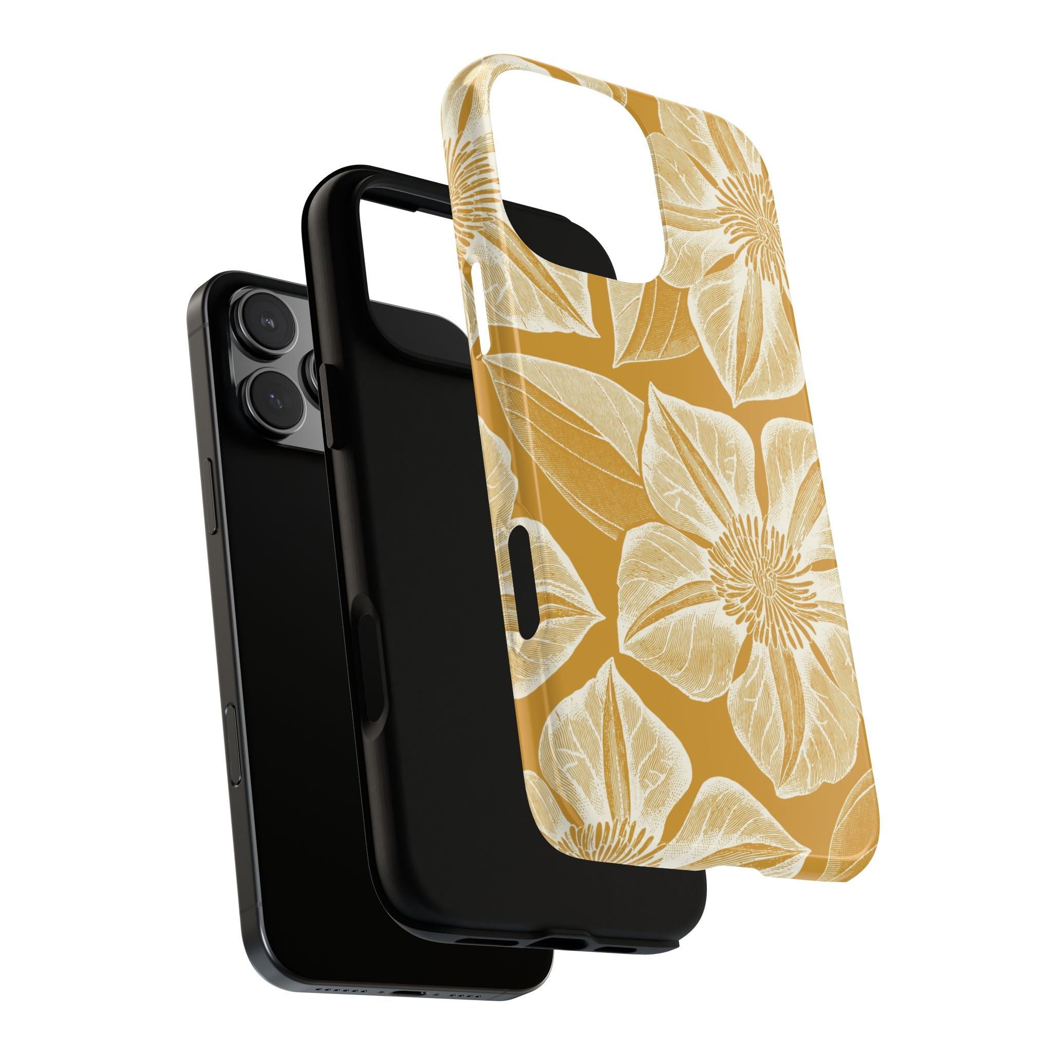 Vintage Bloom Gold iPhone 16 Pro Max case – Glossy | gold ground, large-scale cream clematis print, dual-layer case and inner lining detail with camera cutout view