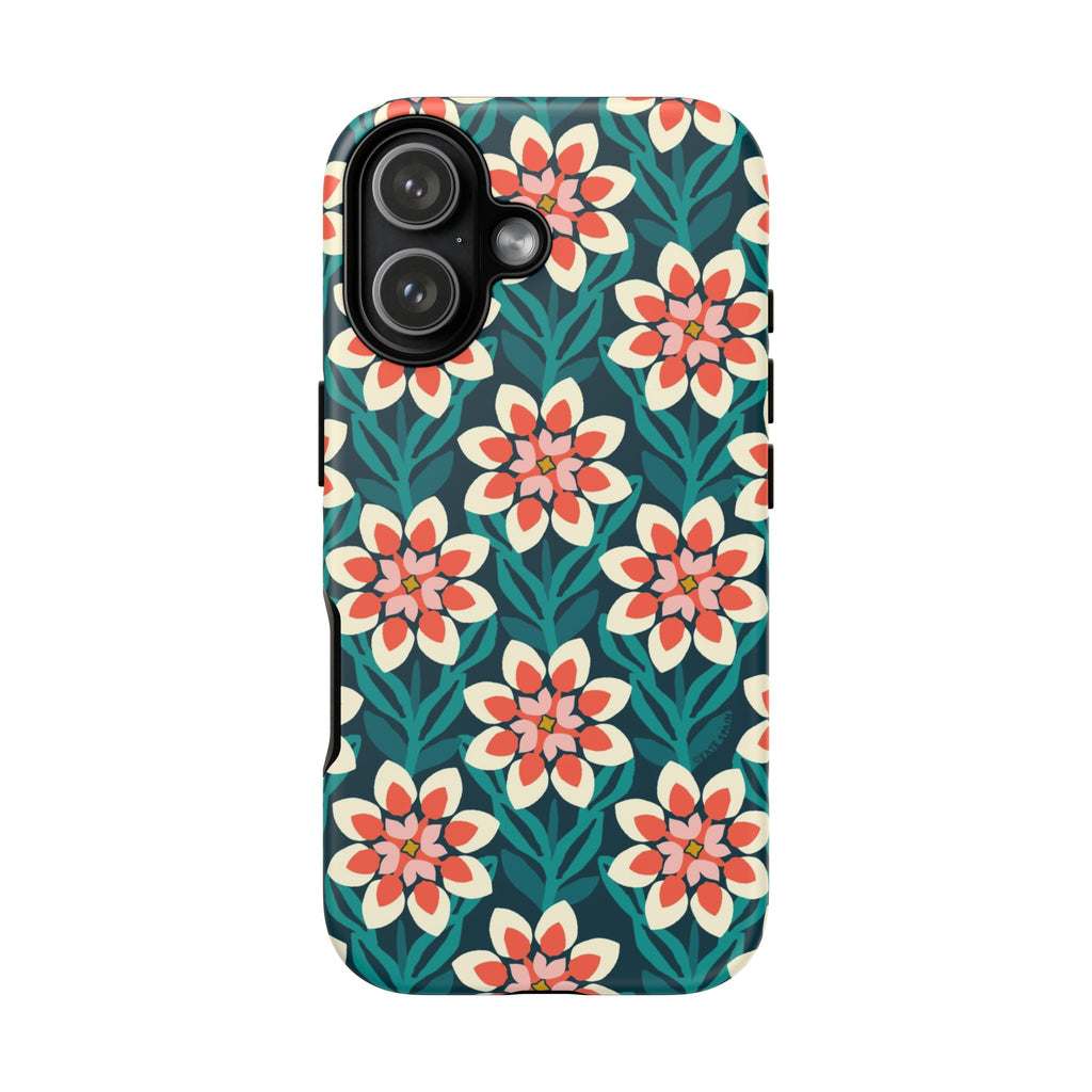 Modern Dahlia Tough iPhone 17 Case – Matte | teal, coral, cream geometric dahlia floral print