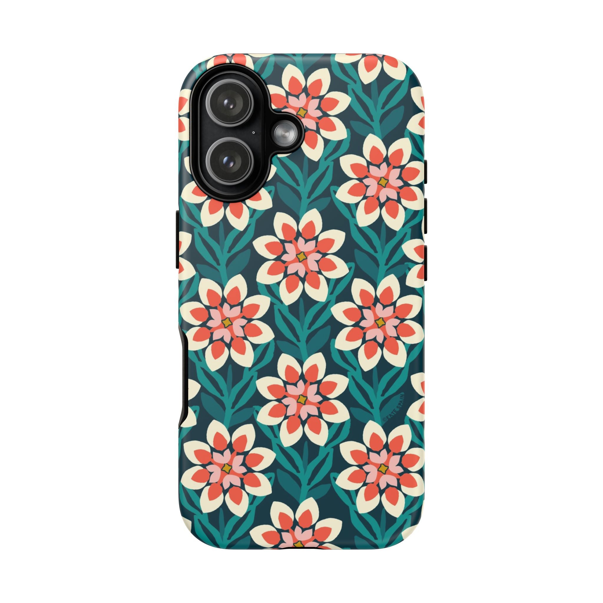 Modern Dahlia Tough iPhone 17 Case – Matte | teal, coral, cream geometric dahlia floral print