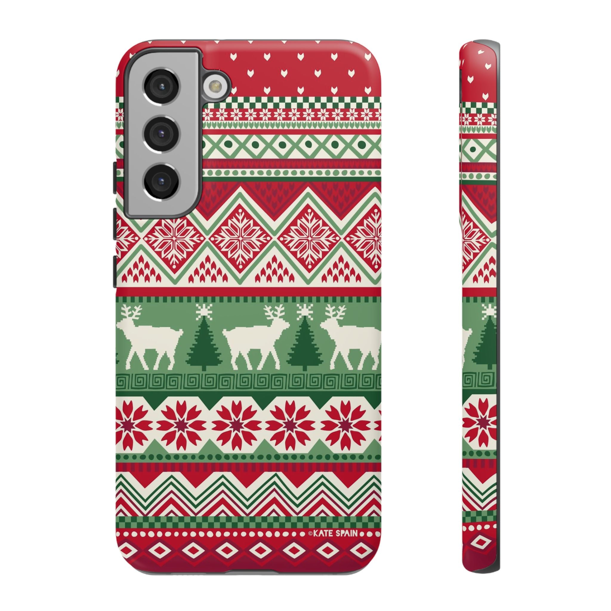 Luxury Telemark Samsung Galaxy S22 Plus Case – Matte | red, green, cream Nordic fair isle reindeer print