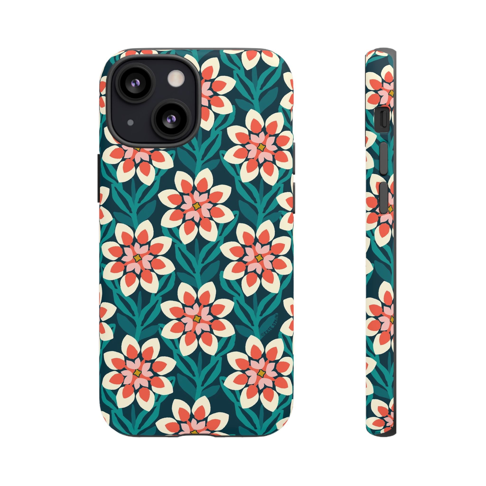 Modern Dahlia Tough iPhone 13 mini Case – Matte | teal, coral, cream geometric dahlia floral print