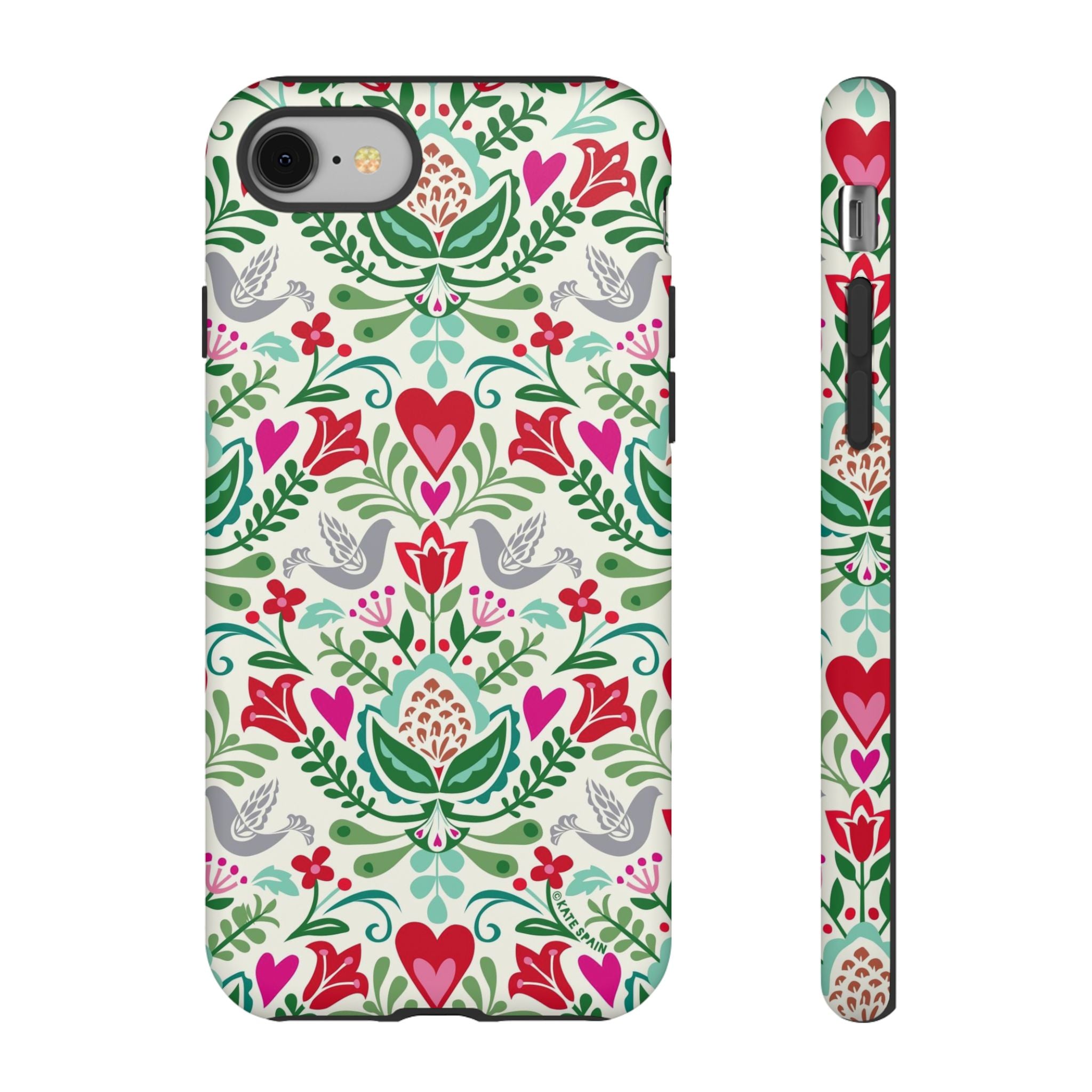 Rosemaling Tough iPhone 8 Case – Matte | cream, red, pink, green, gray folk art floral bird print