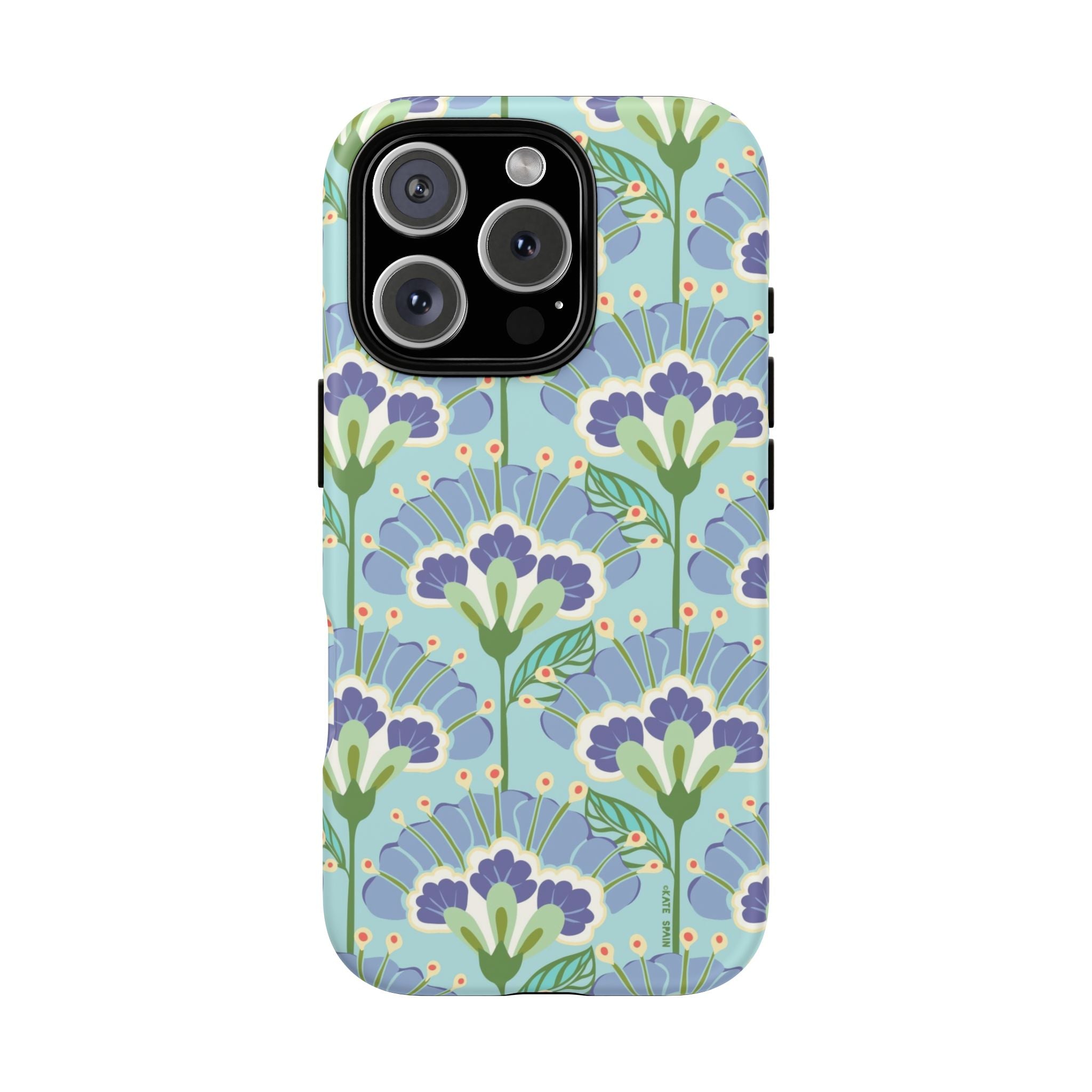 Lantern Flower Tough iPhone 16 Plus Case – Glossy | aqua, periwinkle, green botanical lantern floral print