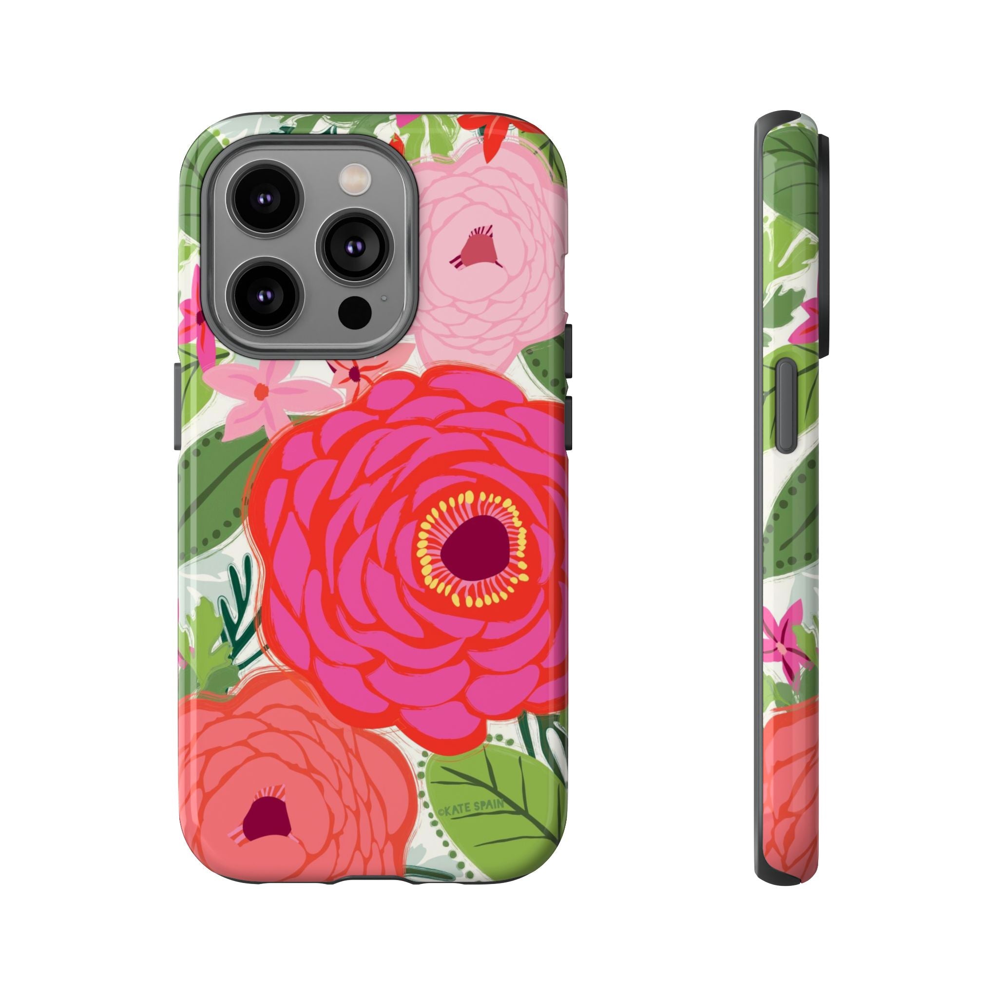 Bloomerie Tough iPhone 14 Pro Case – Glossy | cream, magenta, coral botanical peony floral print