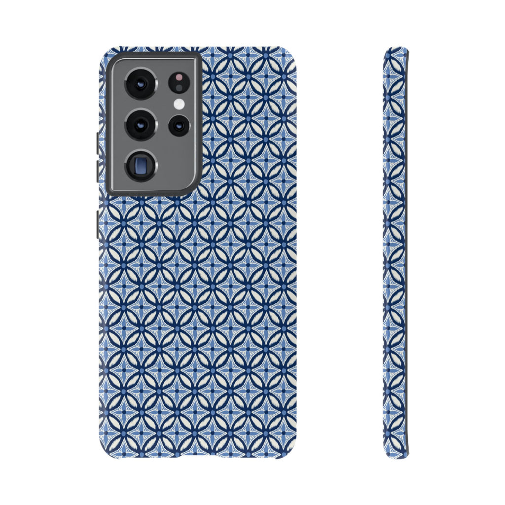 Light blue Samsung Galaxy case with navy and periwinkle ikat geometric pattern — botanical phone case by Kate Spain for Floriori