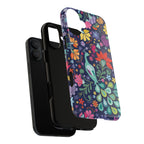 Peacock Sanctuary MagSafe iPhone 17 Case – Dual-layered view of case and inner lining in front of phone, with view of camera cutout and buttons | navy, teal, coral multicolor vibrant peacock feather botanical print