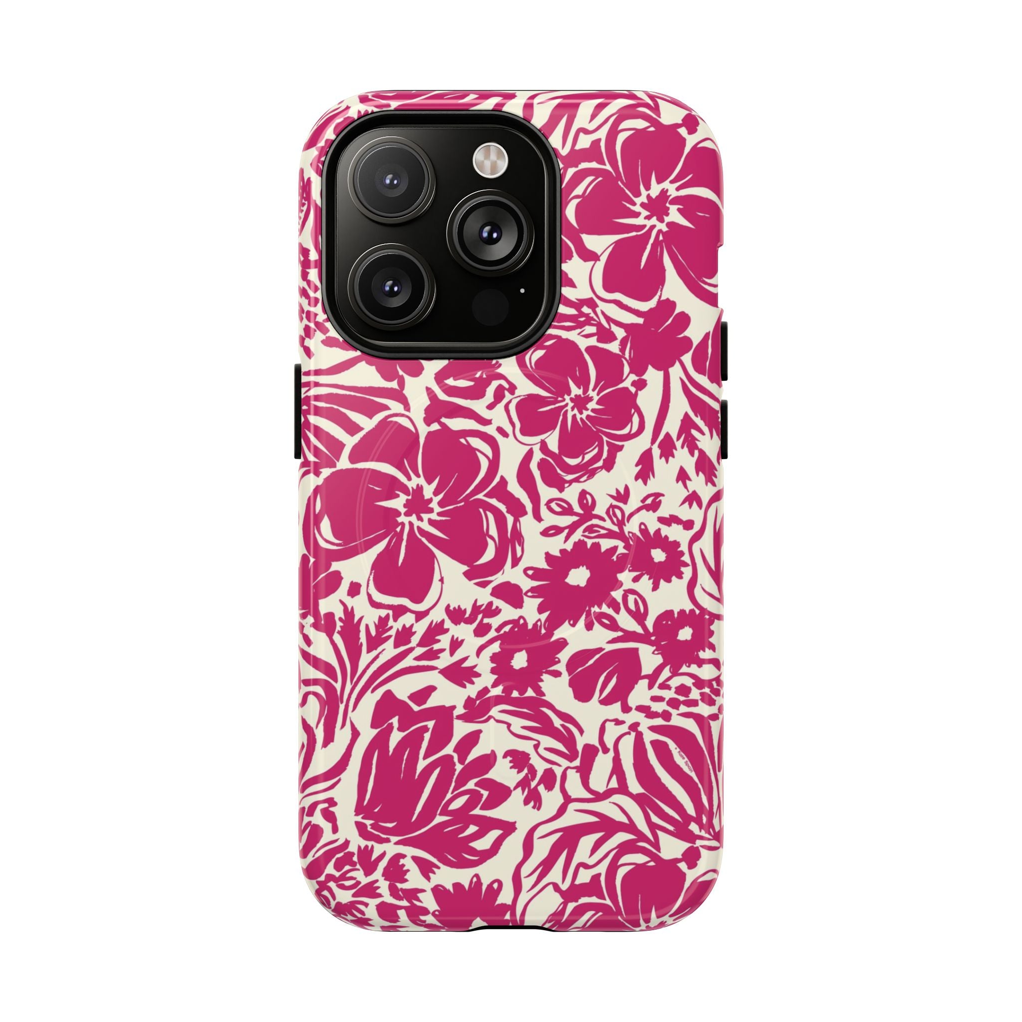 Rhapsody Bright Pink MagSafe iPhone 14 Pro Glossy case — bold magenta floral print on cream by Kate Spain