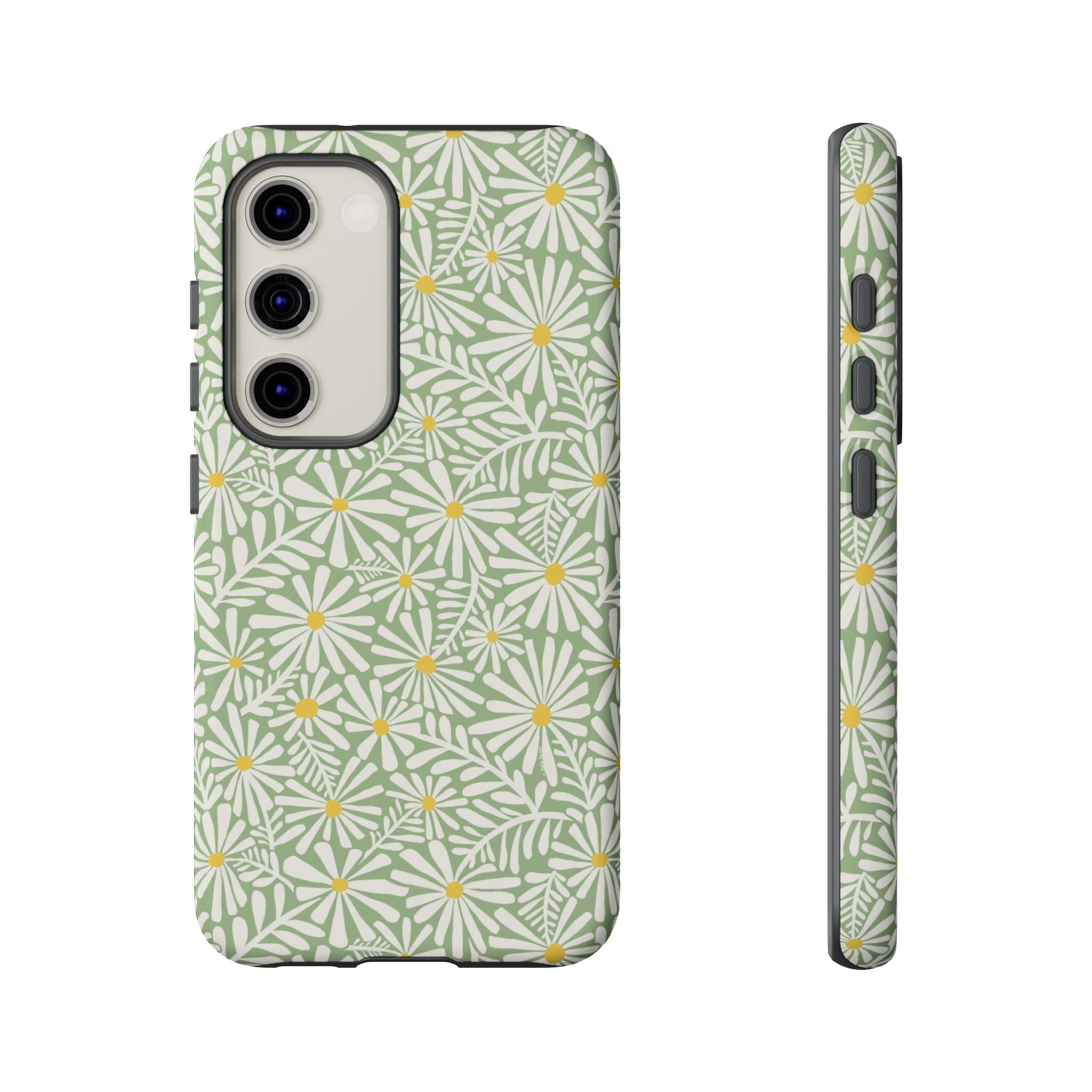 Montauk Daisy Meadow Green Samsung Galaxy S23 Matte case — white daisy and fern print on sage green by Kate Spain