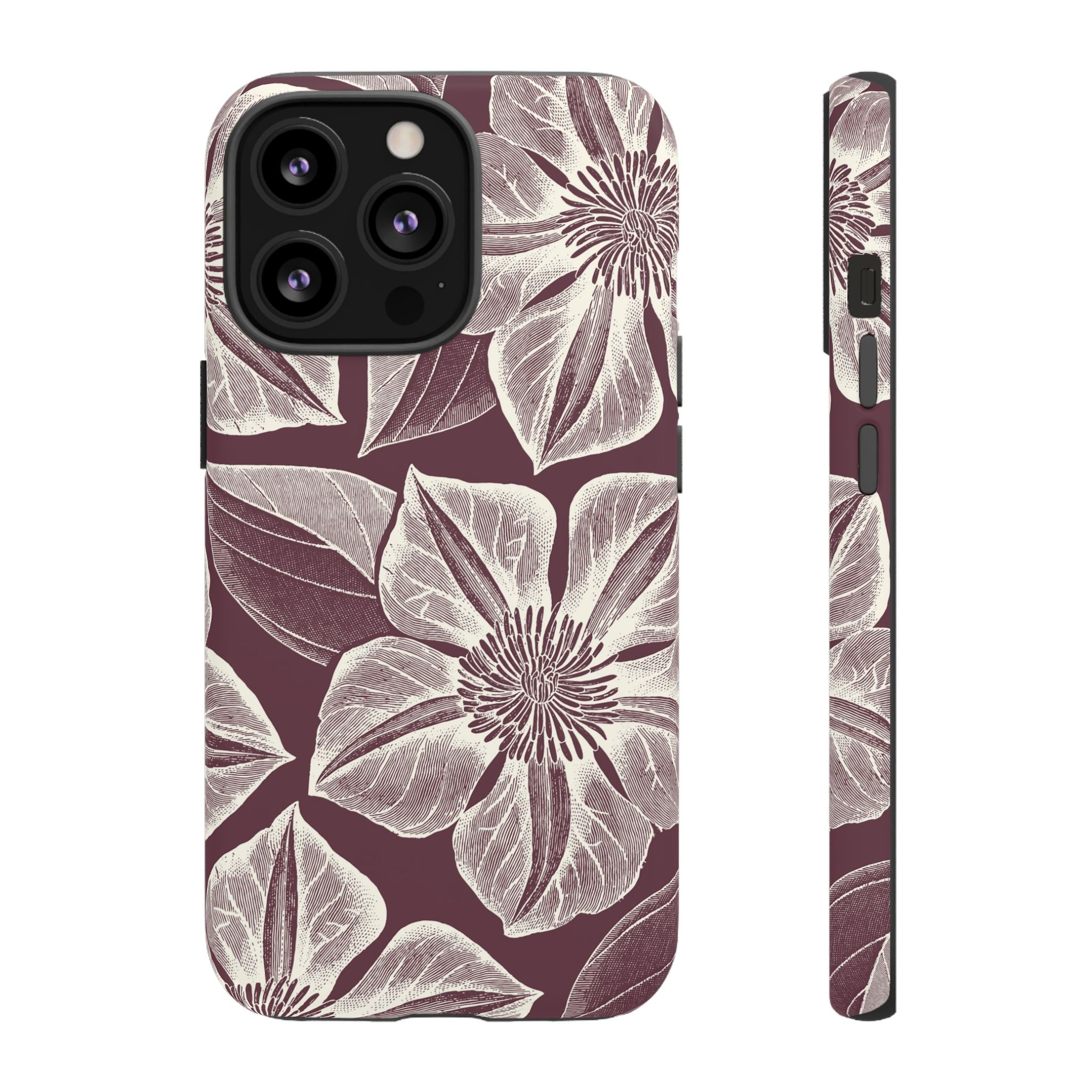 Vintage Bloom Burgundy iPhone 13 Pro case – Matte | burgundy ground, large-scale cream clematis print, engraved petal detail, dual-layer protection