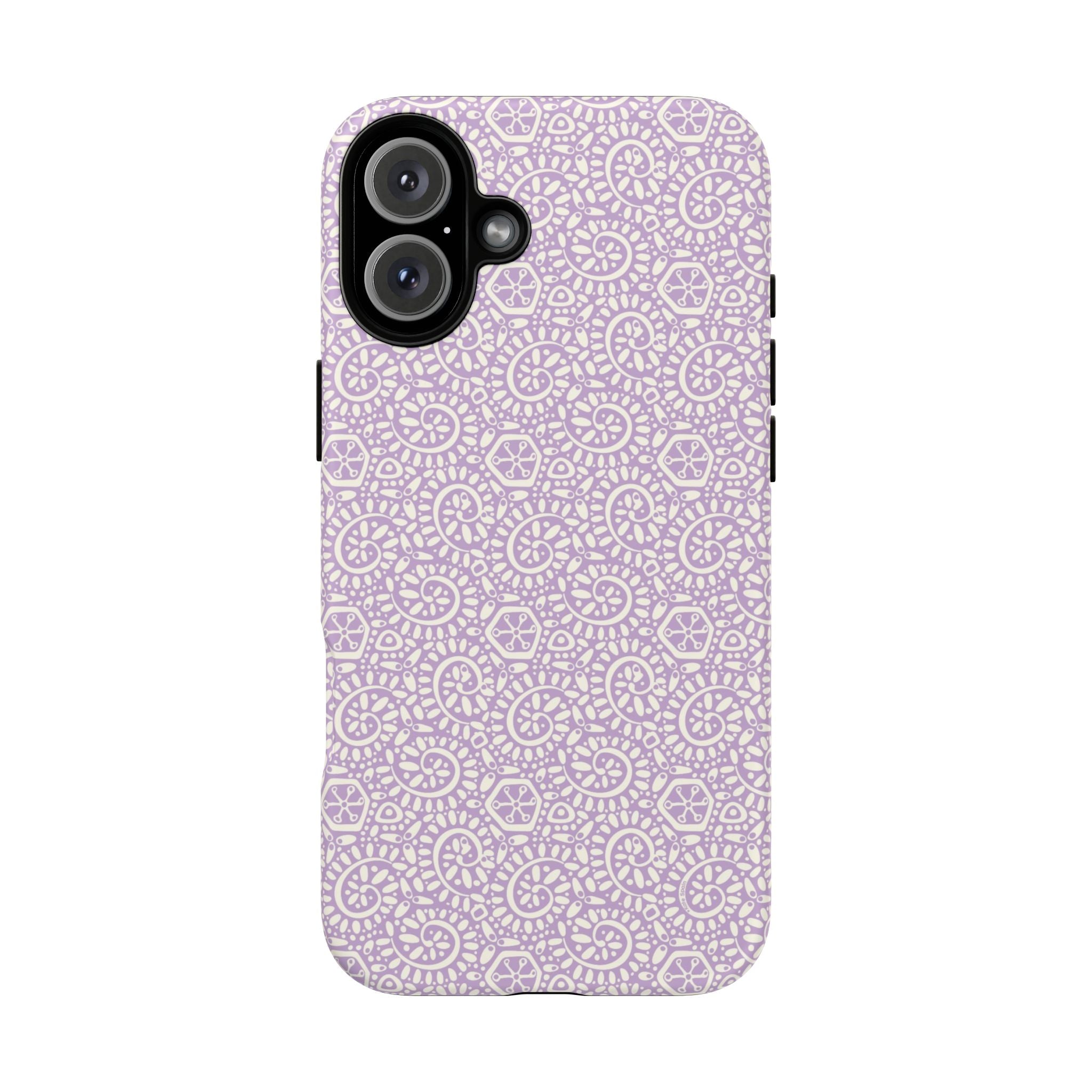 Canto Swirls Lavender iPhone 16 Plus Matte Case — lavender hard case covered in an intricate folk-art medallion pattern of radiating circular motifs, dot clusters, and geometric centers