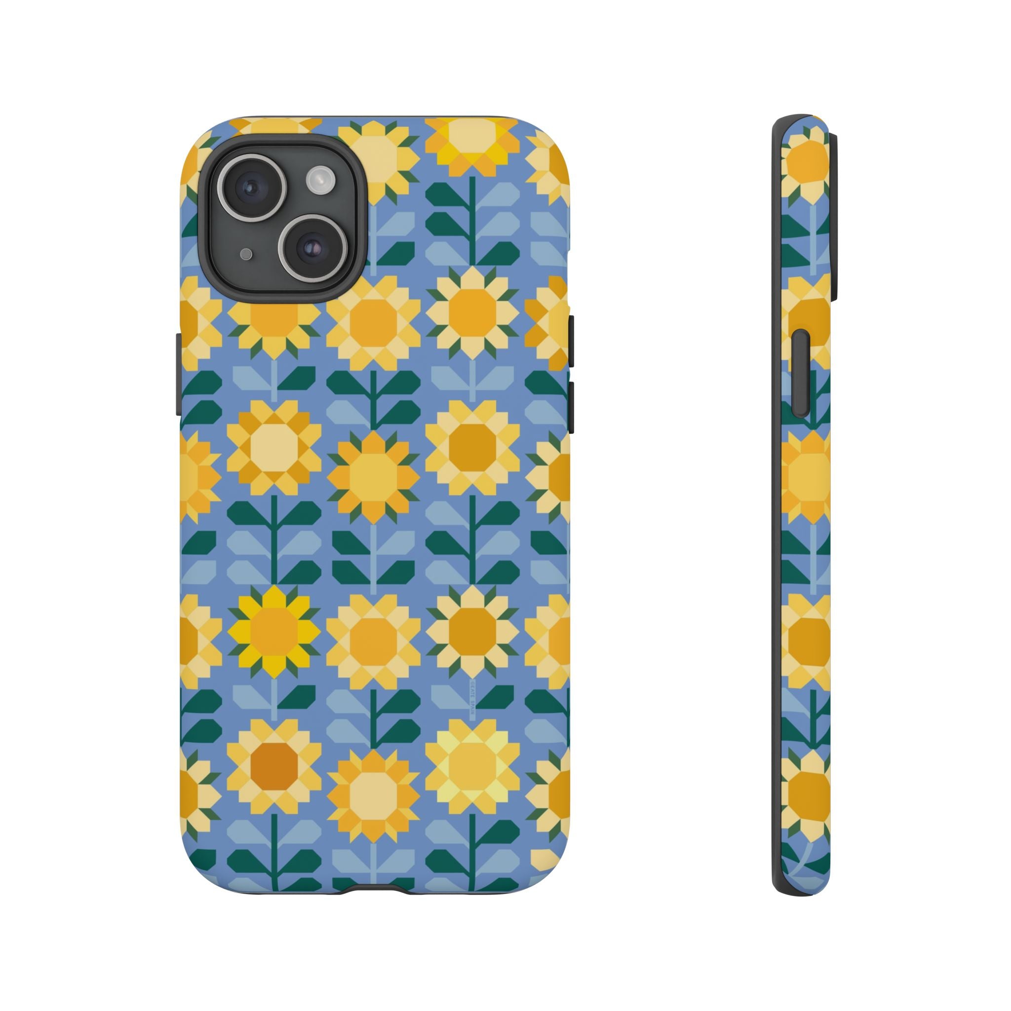 Sunflowers Tough iPhone 15 Plus Case – Matte | blue, yellow, gold geometric sunflower print