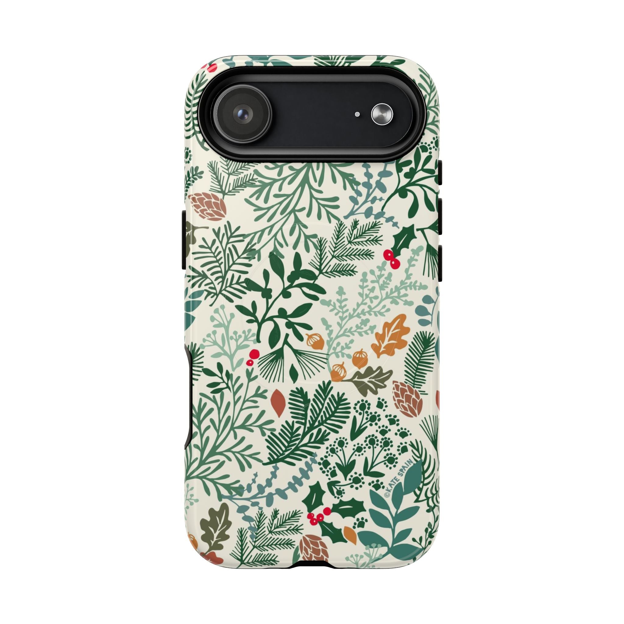 Juniper MagSafe iPhone 17 Air Case – Glossy | cream, forest green, sage, and rust winter botanical print with pine, holly, acorns, and pinecones