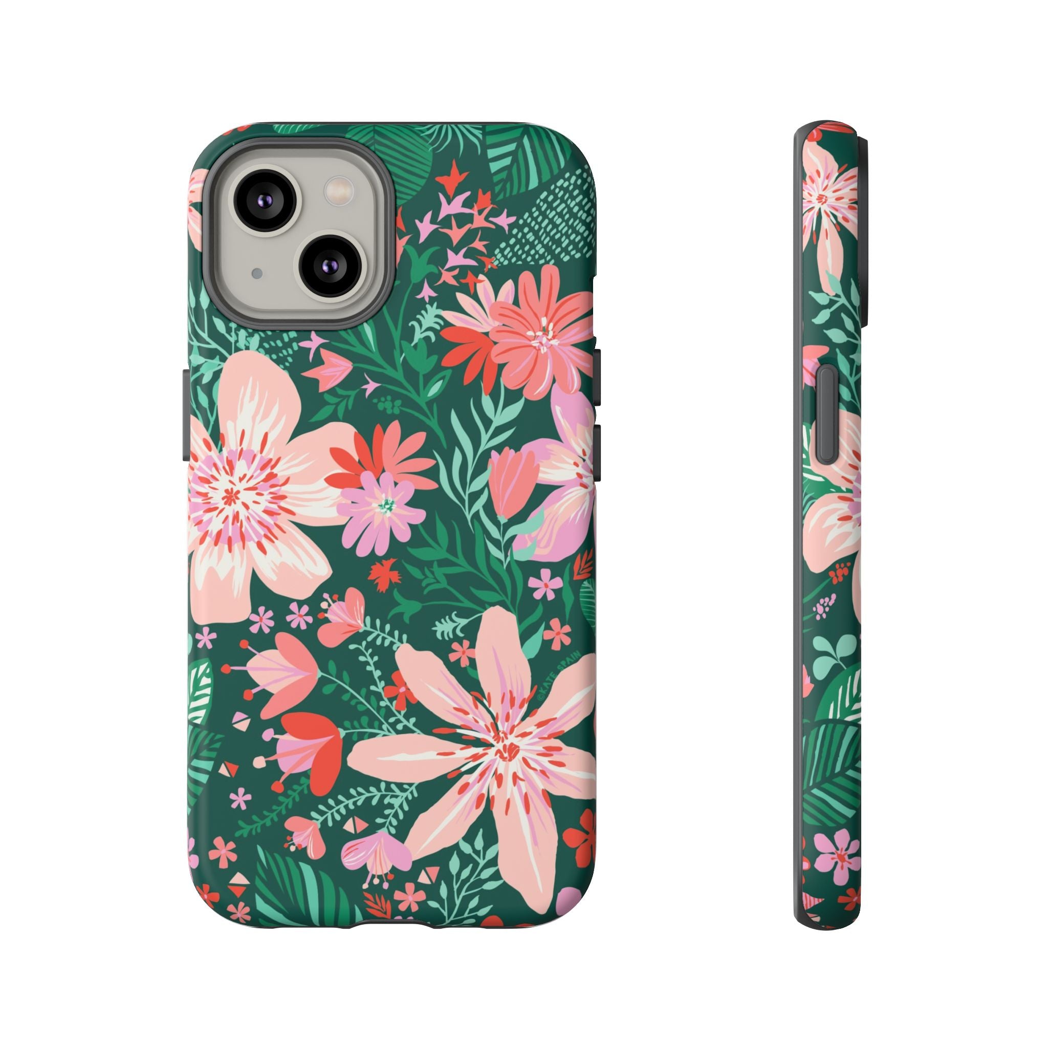 Bonaire Tough iPhone 14 Case – Matte | jade, pink, white tropical floral botanical print