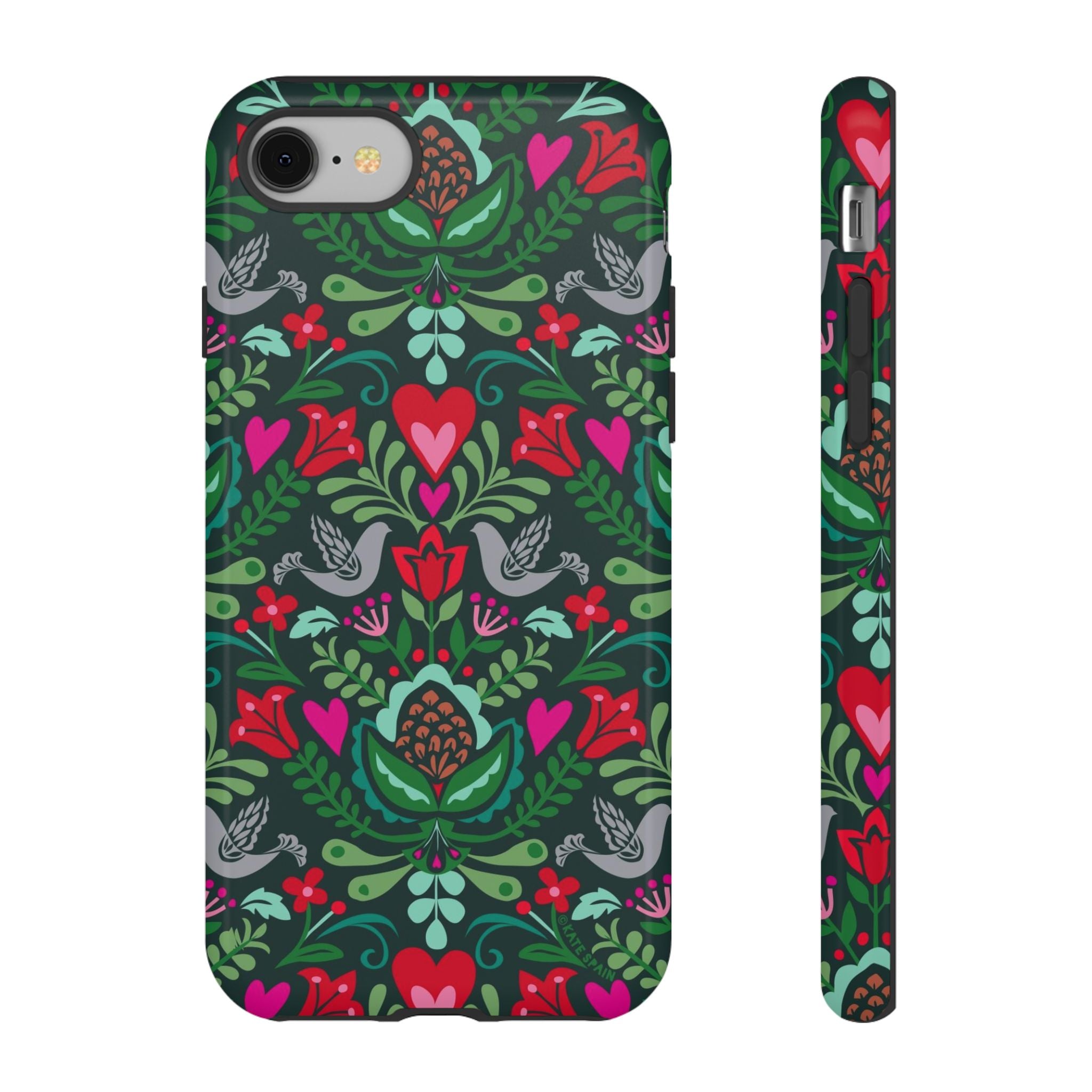 Rosemaling Tough iPhone 8 Case – Glossy | dark green, red, pink, gray folk art floral bird print