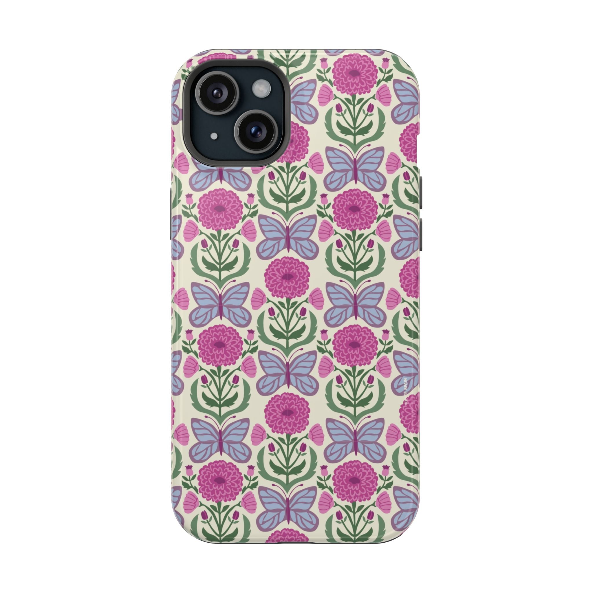Butterfly MagSafe iPhone 15 Plus Case – Glossy | cream, magenta, periwinkle butterfly floral print