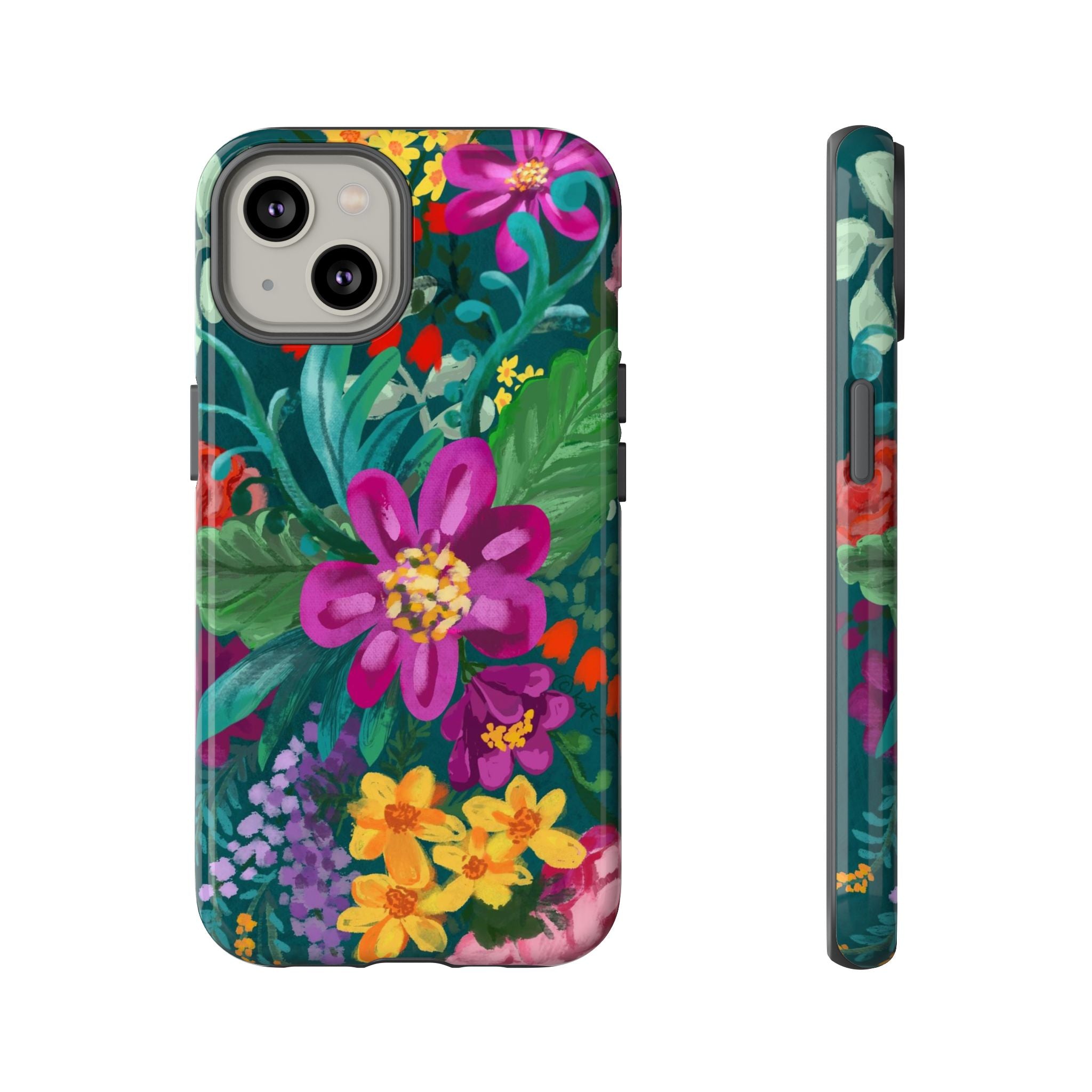 Posy Tough iPhone 14 Case – Glossy | teal, purple, magenta, yellow botanical wildflower print