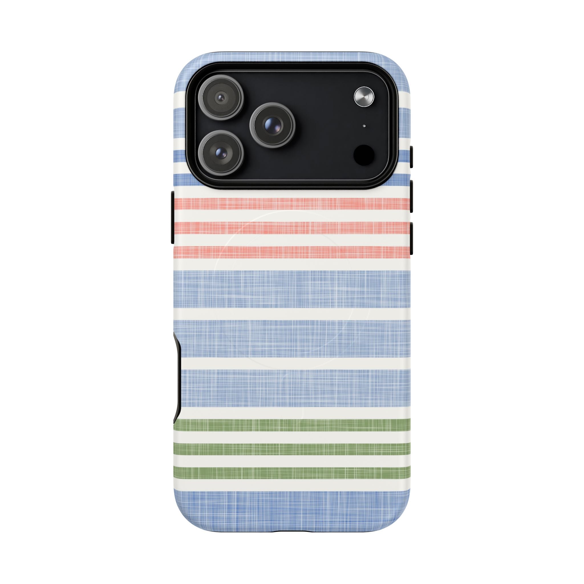 Cabana Stripe Pastel MagSafe iPhone 17 Pro Max Case – Matte | soft blue, coral, sage green chambray-textured stripe print MagSafe compatible, dual-layer protection
