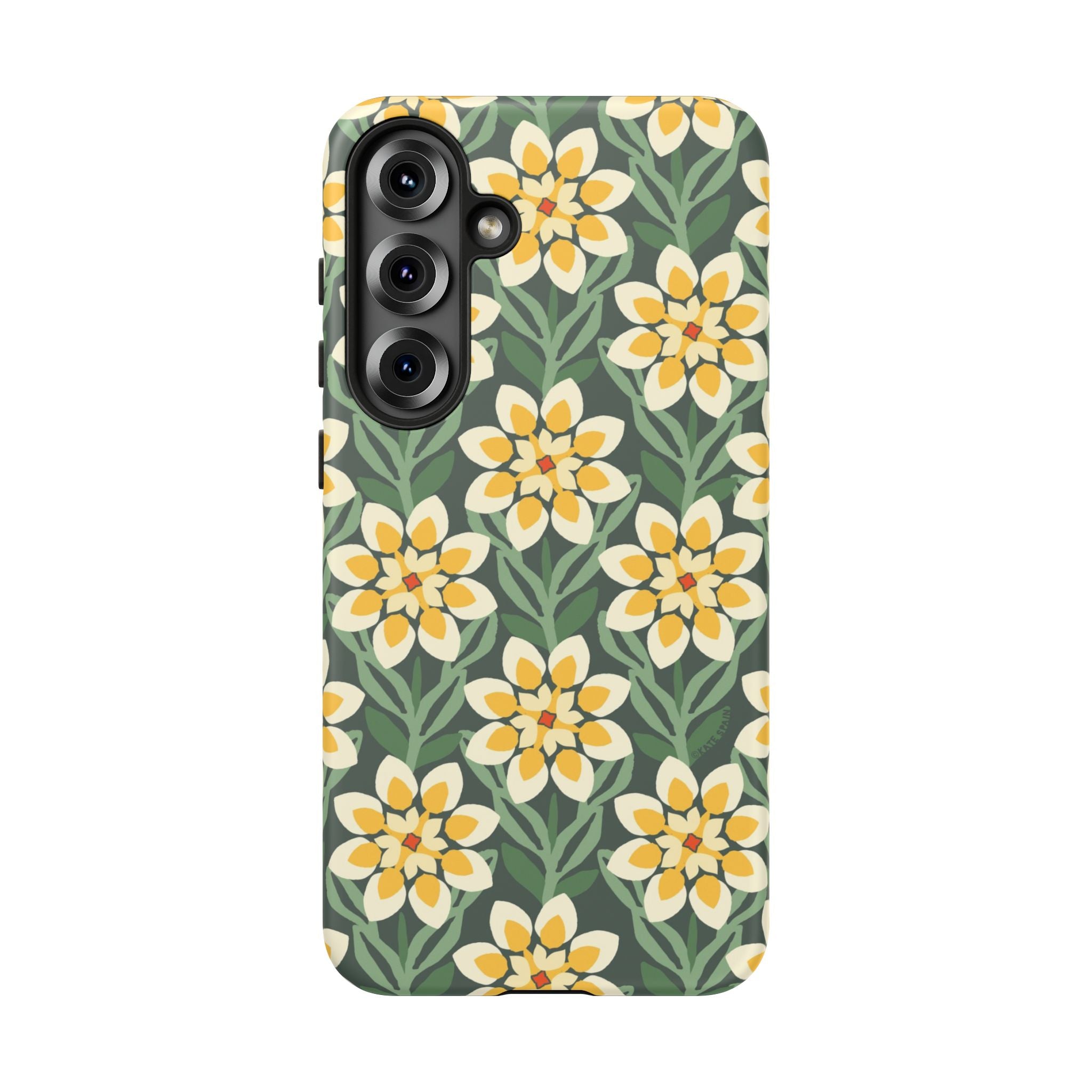 Luxury Modern Dahlia Samsung Galaxy S25 Plus Case – Matte | forest green, yellow, cream modern dahlia print