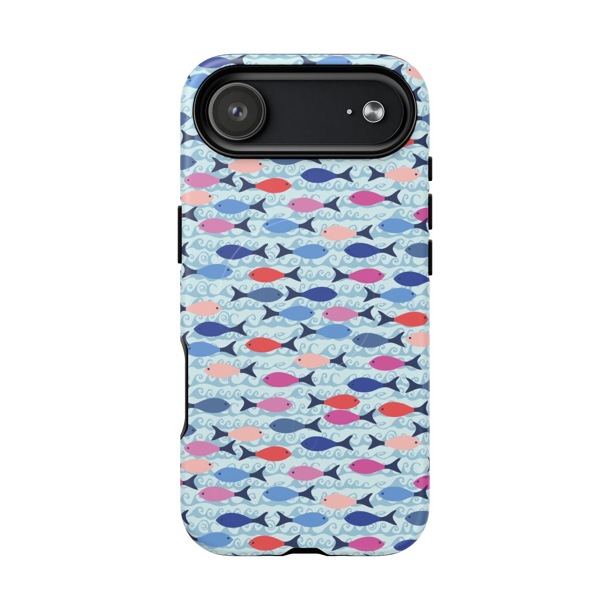 Summer Minnows MagSafe iPhone 17 Air Case – Matte | navy, coral, pink, and periwinkle fish on a pale aqua ground