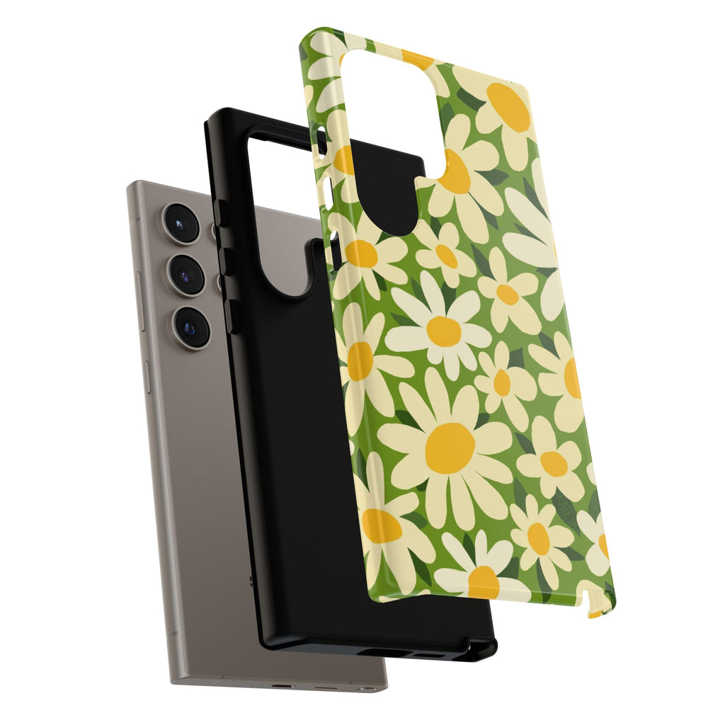 Luxury Shasta Samsung Galaxy S24 Ultra Case – Glossy | close-up of shock-absorbing layer construction of case in green, white, yellow daisy floral print