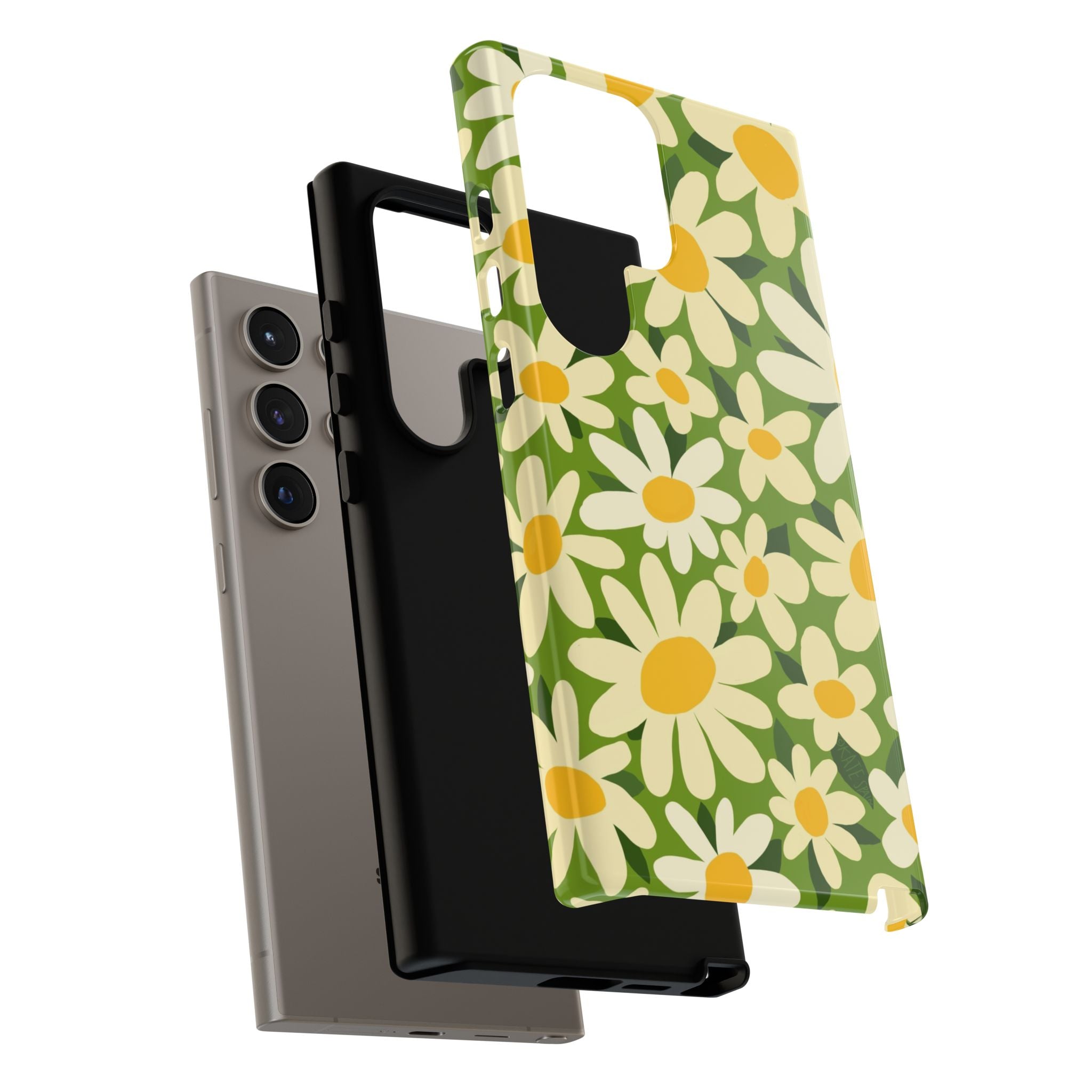 Luxury Shasta Samsung Galaxy S24 Ultra Case – Glossy | close-up of shock-absorbing layer construction of case in green, white, yellow daisy floral print