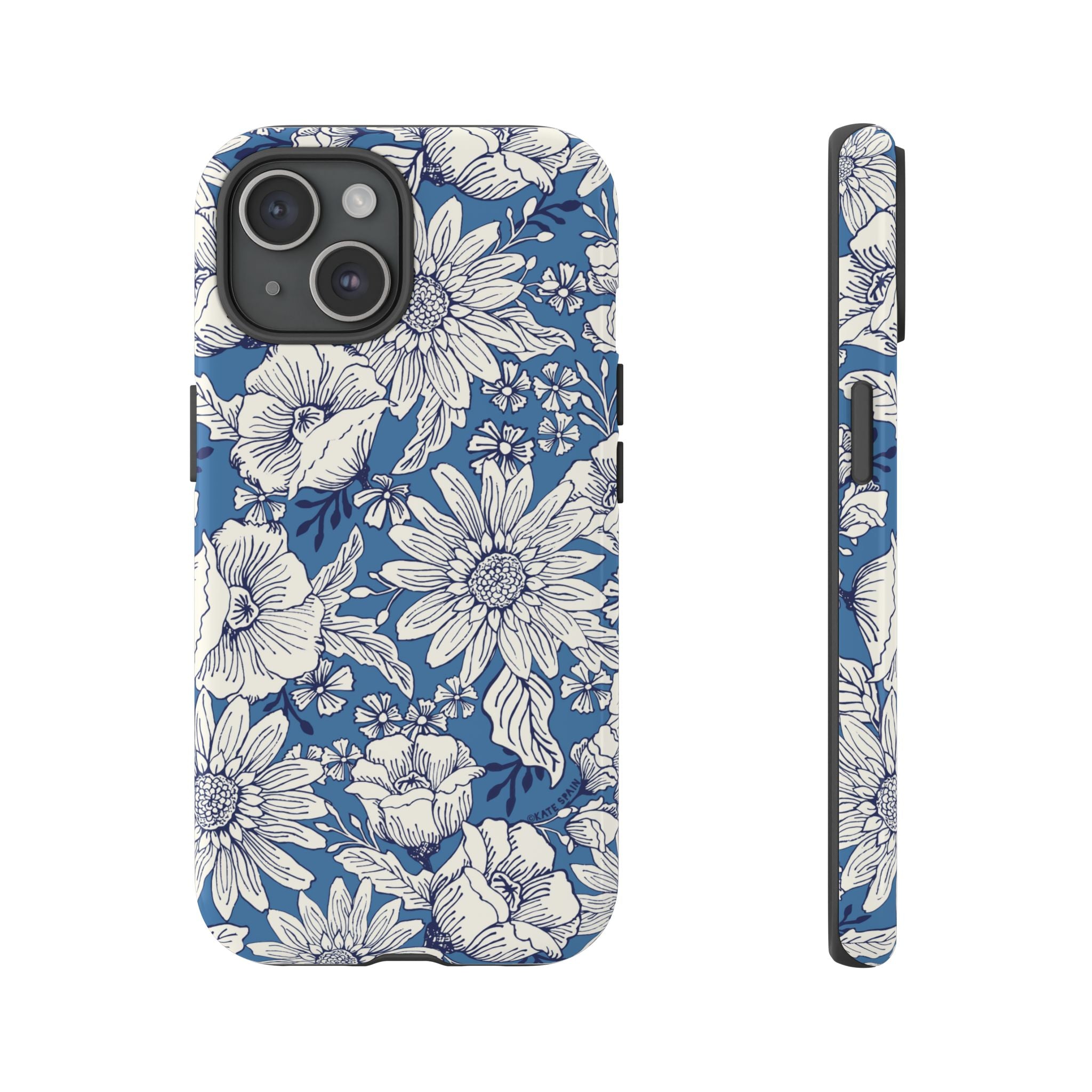 Jardin Tough iPhone 15 Case – Glossy | blue and cream botanical garden print