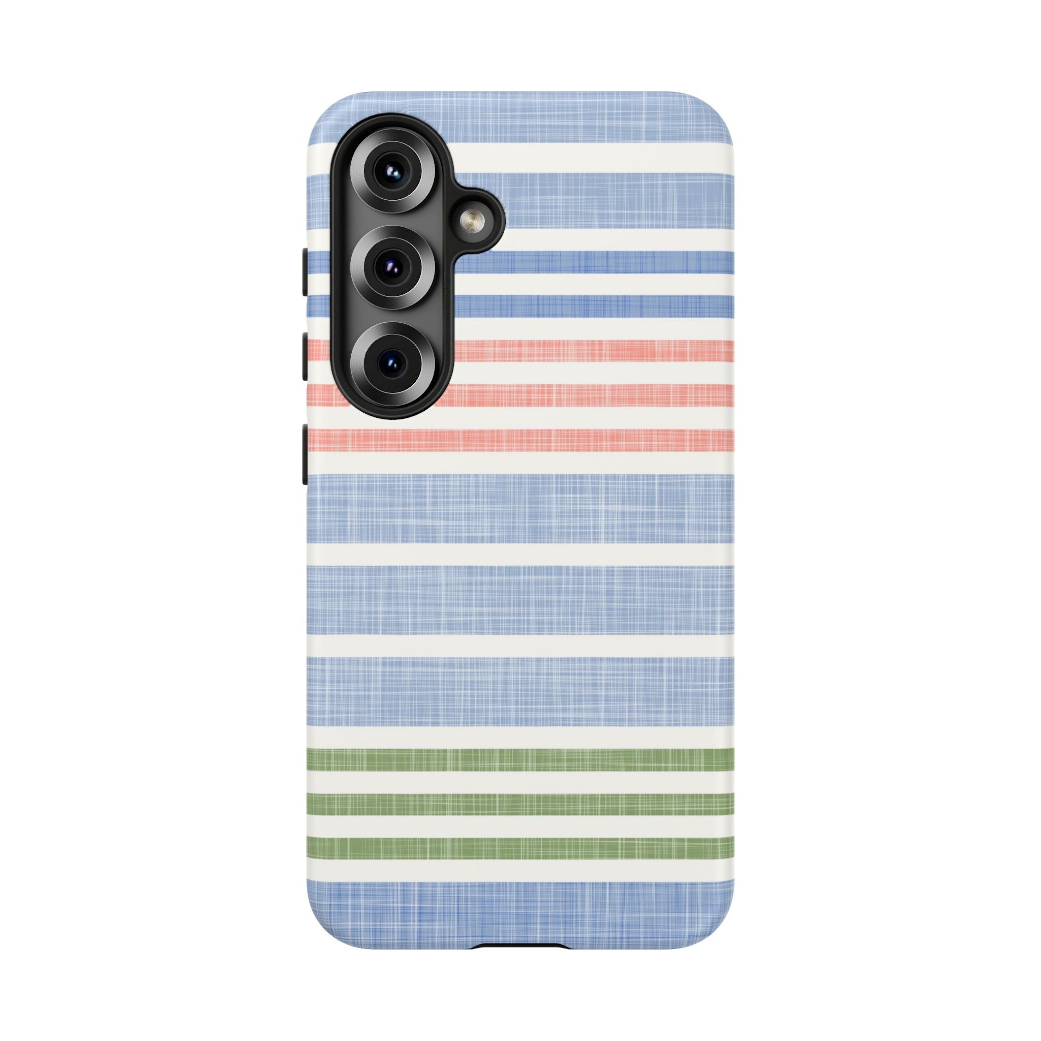 Cabana Stripe Pastel Samsung Galaxy S25 Case – Matte | soft blue, coral, sage green chambray-textured stripe print dual-layer protection