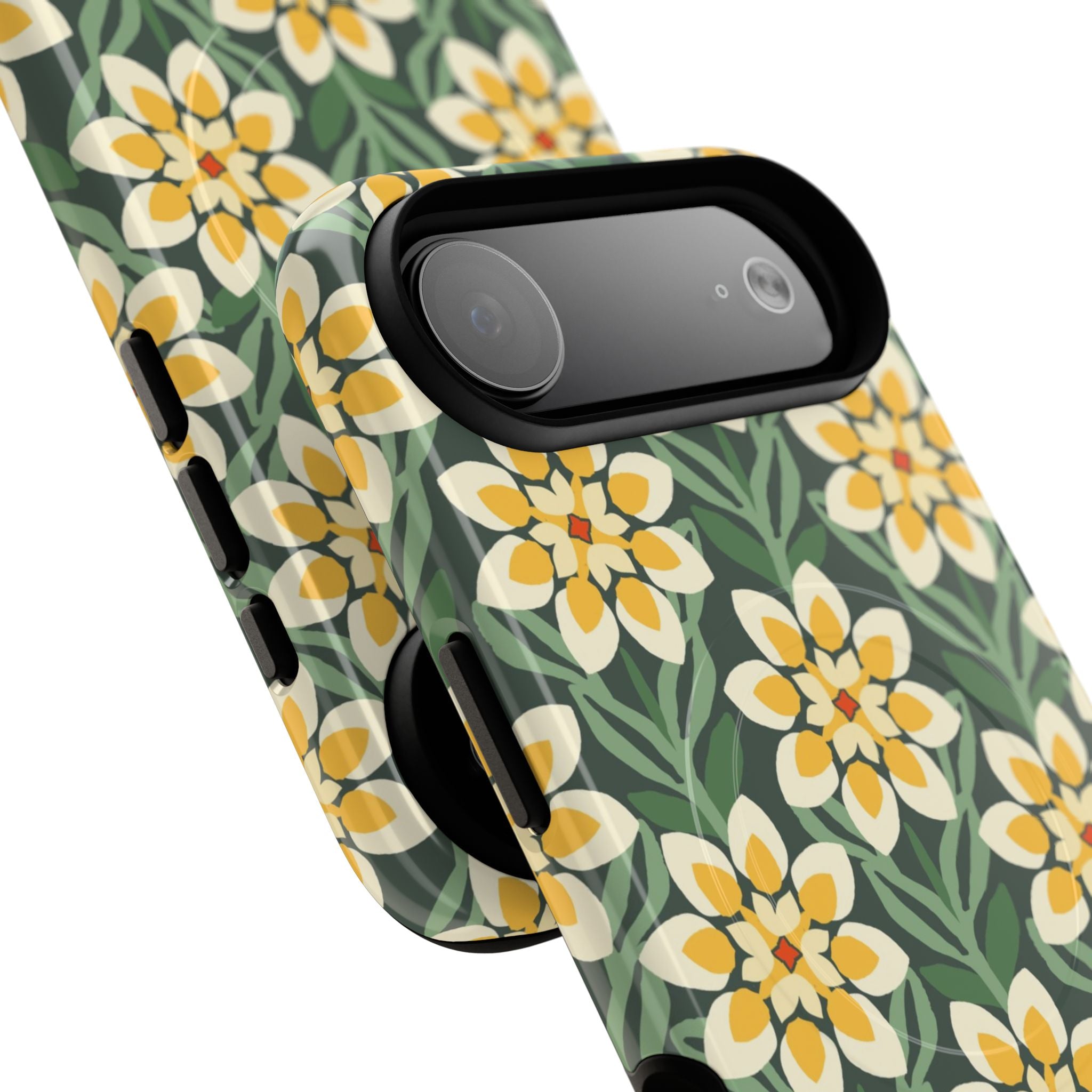 Designer Modern Dahlia MagSafe iPhone 17 Air Case – detail view of camera | yellow, cream, green dahlia floral print
