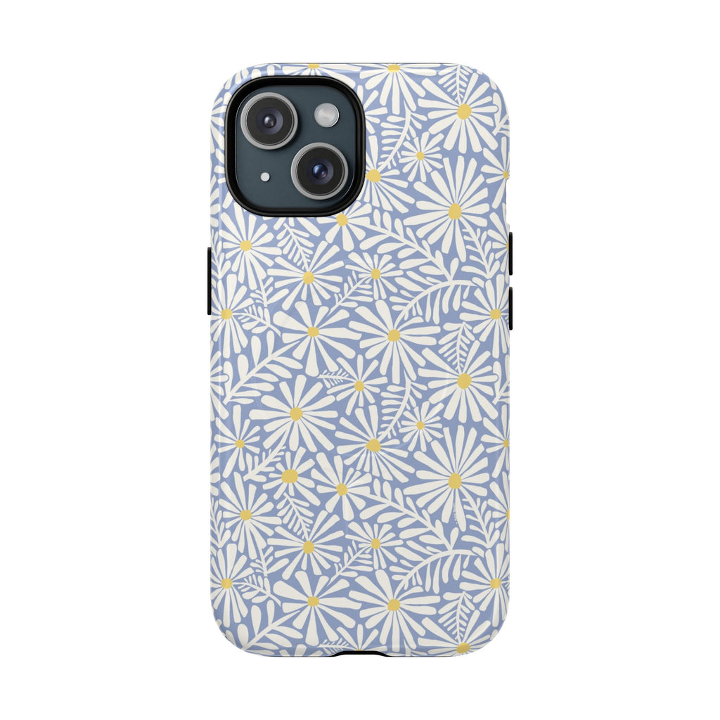 Montauk Daisy Cottage Blue MagSafe iPhone 15 Case – Glossy | periwinkle blue, white graphic daisy and fern print, golden yellow centers MagSafe compatible, dual-layer protection