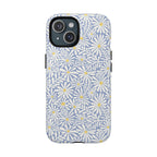 Montauk Daisy Cottage Blue MagSafe iPhone 15 Case – Glossy | periwinkle blue, white graphic daisy and fern print, golden yellow centers MagSafe compatible, dual-layer protection