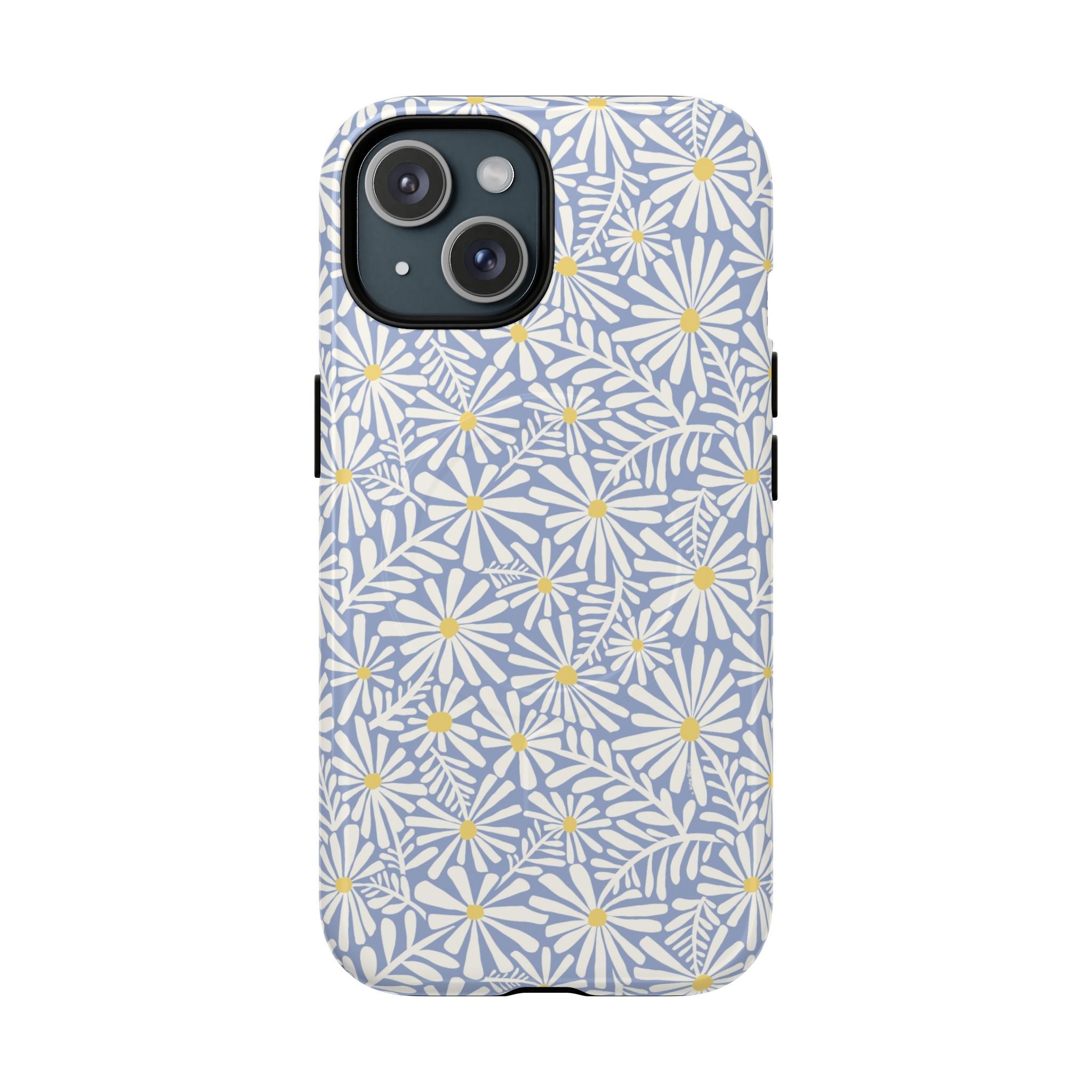Montauk Daisy Cottage Blue MagSafe iPhone 15 Case – Glossy | periwinkle blue, white graphic daisy and fern print, golden yellow centers MagSafe compatible, dual-layer protection