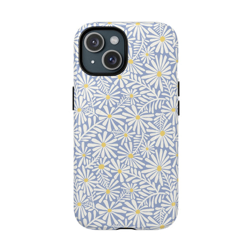 Montauk Daisy Cottage Blue MagSafe iPhone 15 Case – Glossy | periwinkle blue, white graphic daisy and fern print, golden yellow centers MagSafe compatible, dual-layer protection