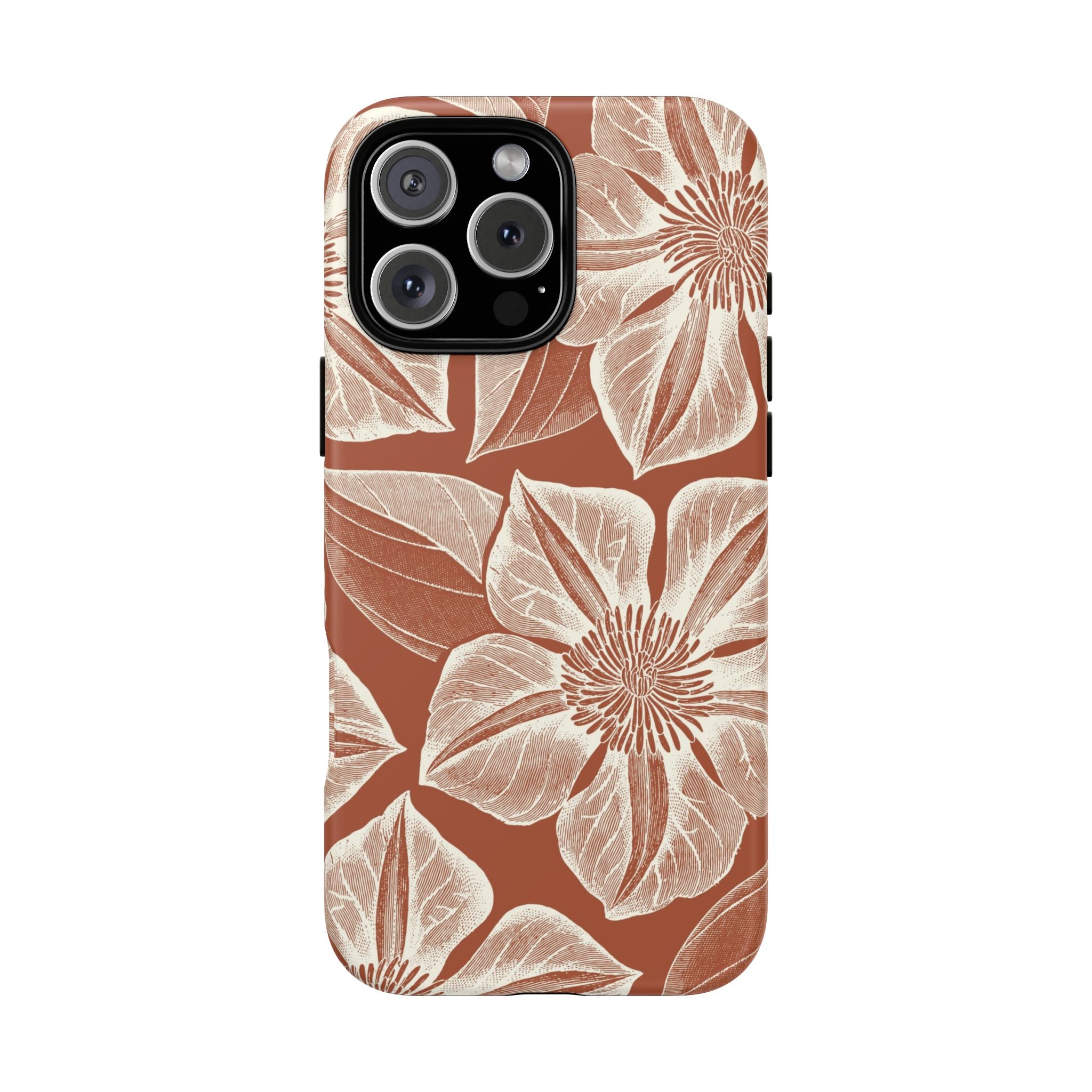 Vintage Bloom Sienna iPhone 16 Pro Max case – Matte | sienna ground, large-scale cream clematis print, engraved petal detail, dual-layer protection