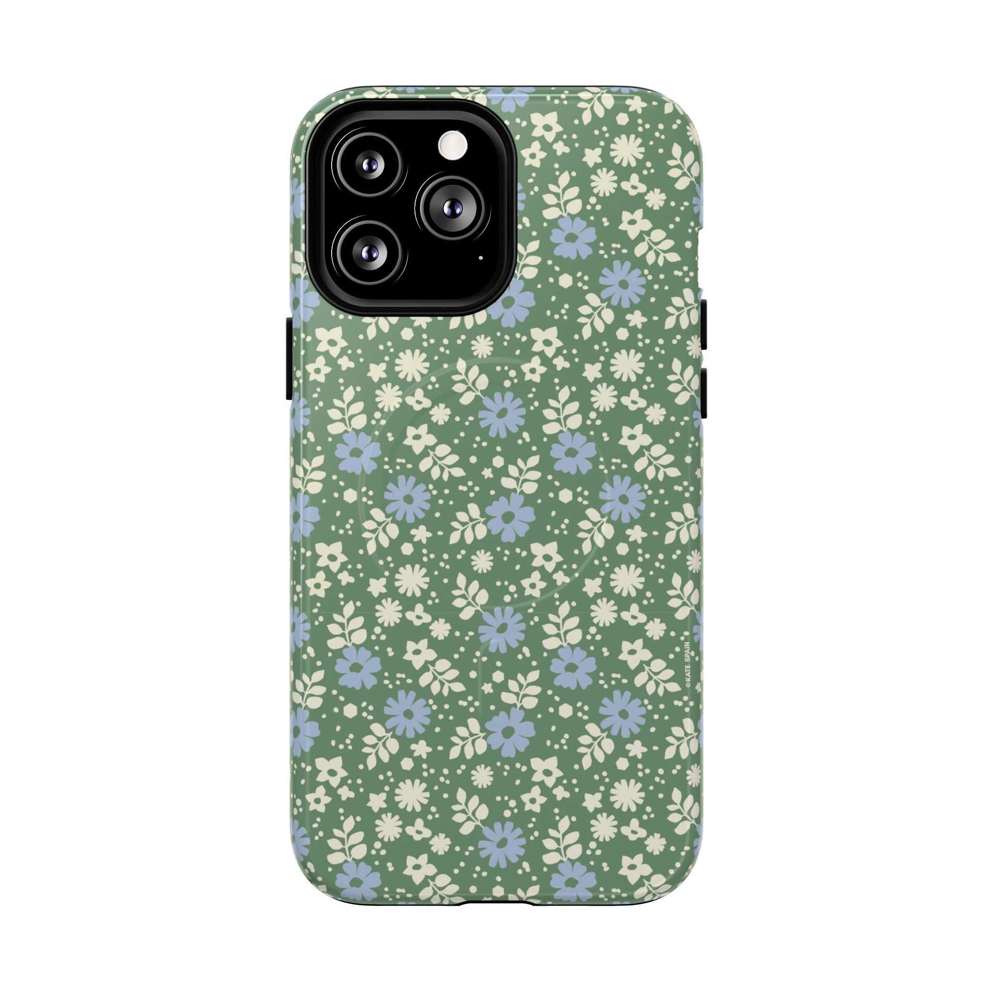 Petaline Green MagSafe iPhone 13 Pro Max Case – Glossy | cream and periwinkle blue ditsy floral print on a sage green ground