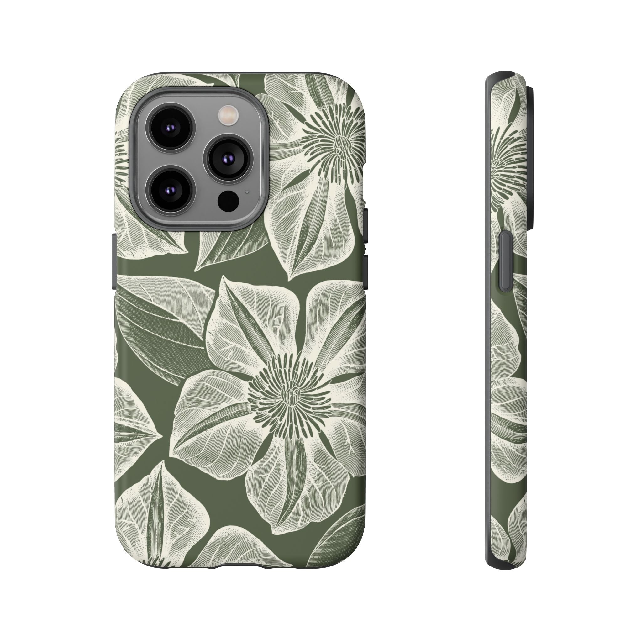 Vintage Bloom Cypress iPhone 14 Pro case – Matte | cypress green ground, large-scale white clematis print, engraved petal detail, dual-layer protection