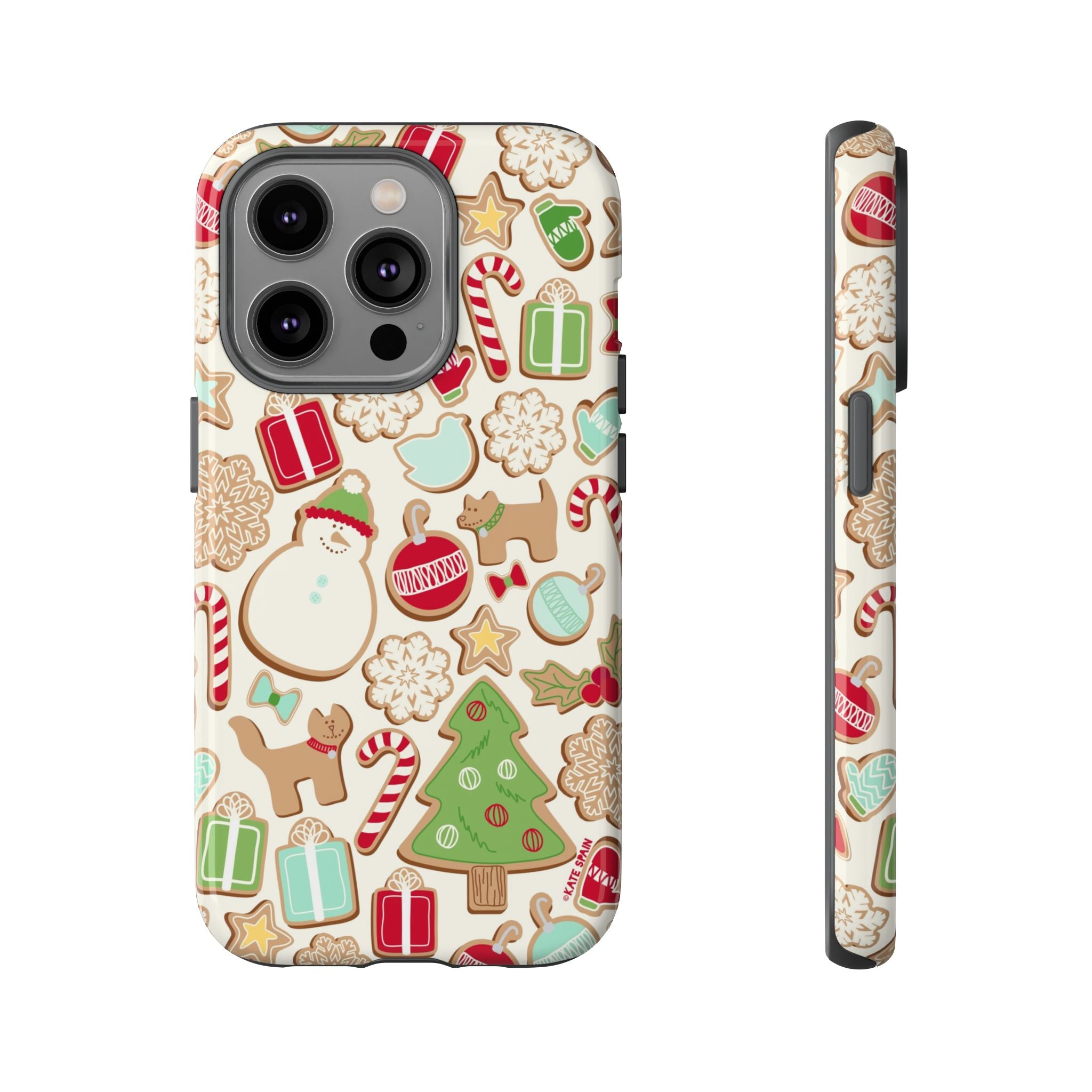Gingerbread Cookies Tough iPhone 14 Pro Case – Glossy | cream, red, green gingerbread holiday cookie print