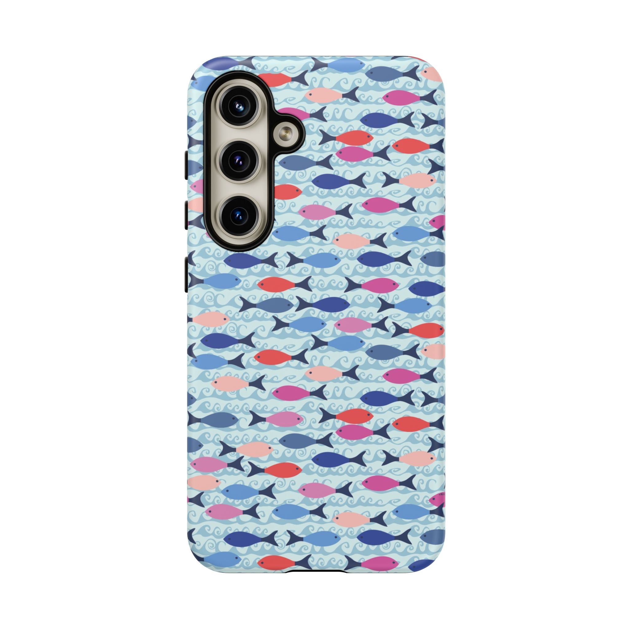 Summer Minnows Samsung Galaxy S24 Case – Matte | navy, coral, pink, and periwinkle fish on a pale aqua ground