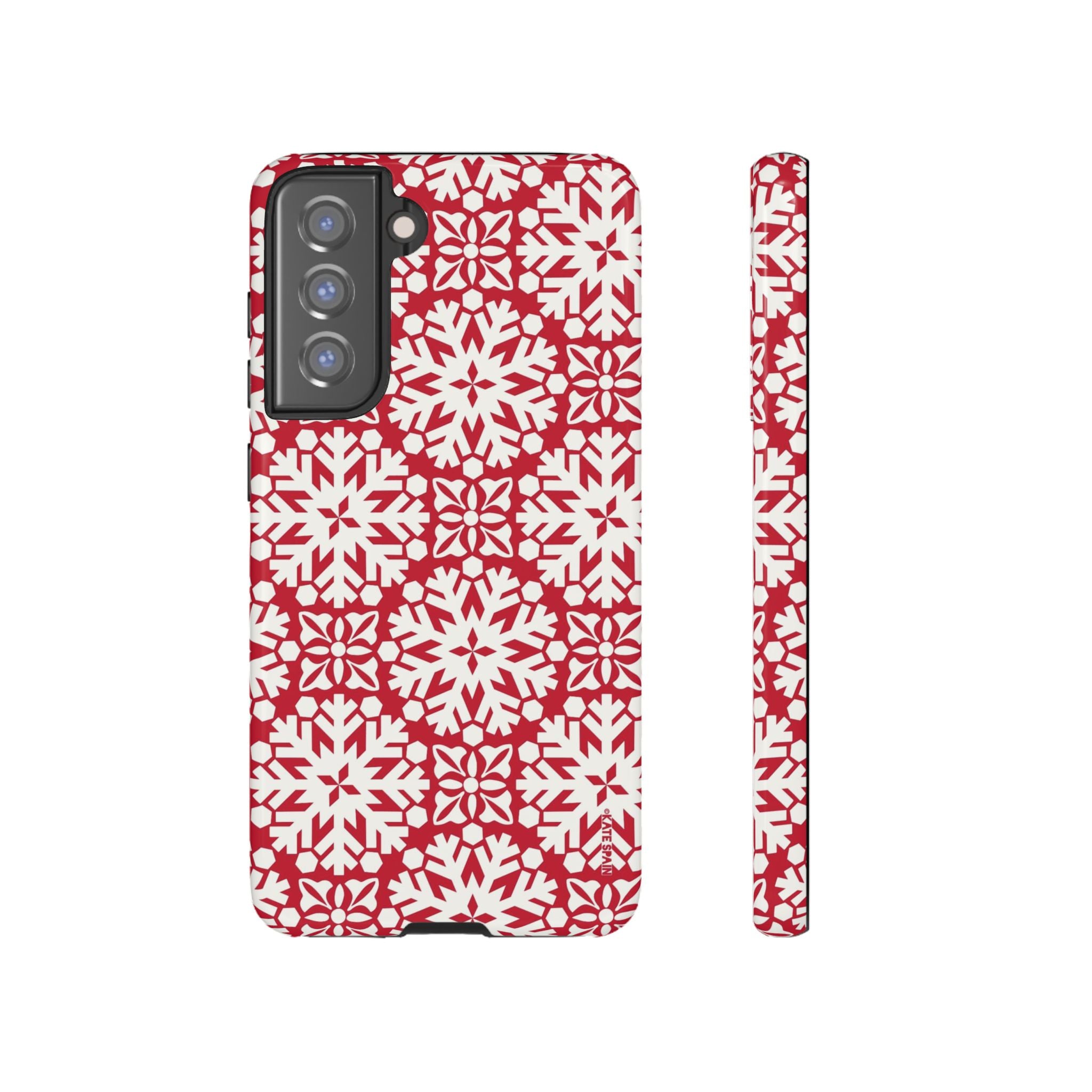Flurry Samsung Galaxy S21 FE Case – Glossy | white, red geometric snowflake tile print
