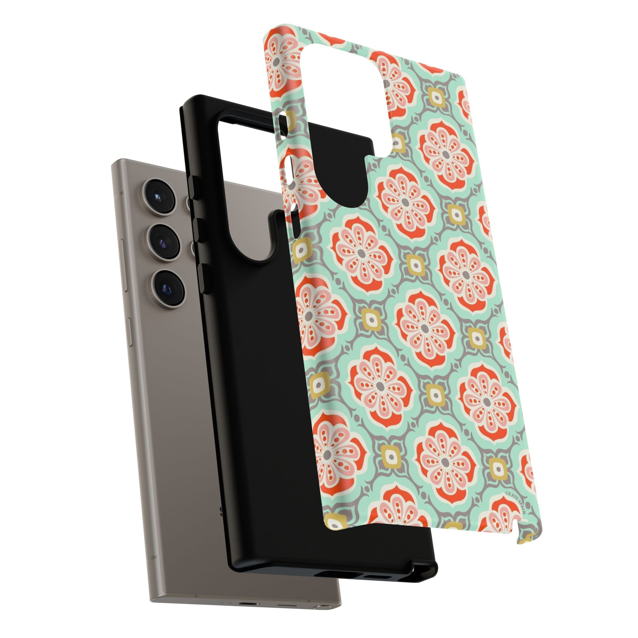 Luxury Alhambra Samsung Galaxy S24 Ultra Case – Glossy | close-up of shock-absorbing layer construction of case in light turquoise, coral, cream geometric medallion tile print