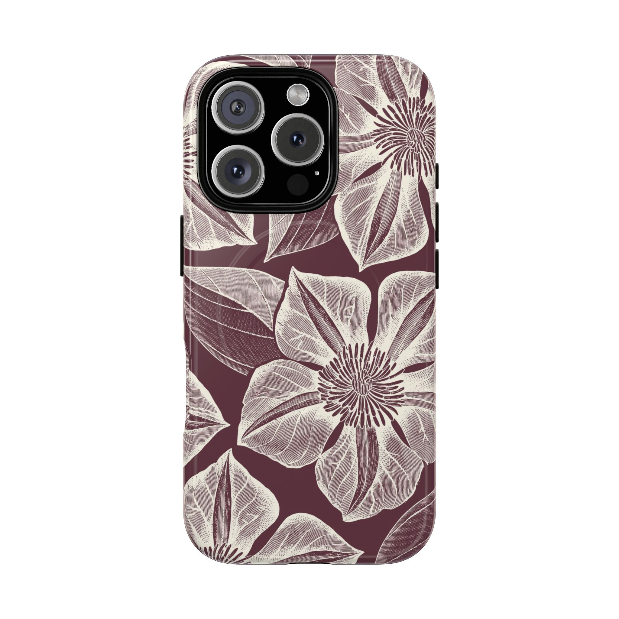 Vintage Bloom Burgundy MagSafe iPhone 14 Pro Max Case – Matte | burgundy ground, large-scale cream clematis print, engraved petal detail, dual-layer protection