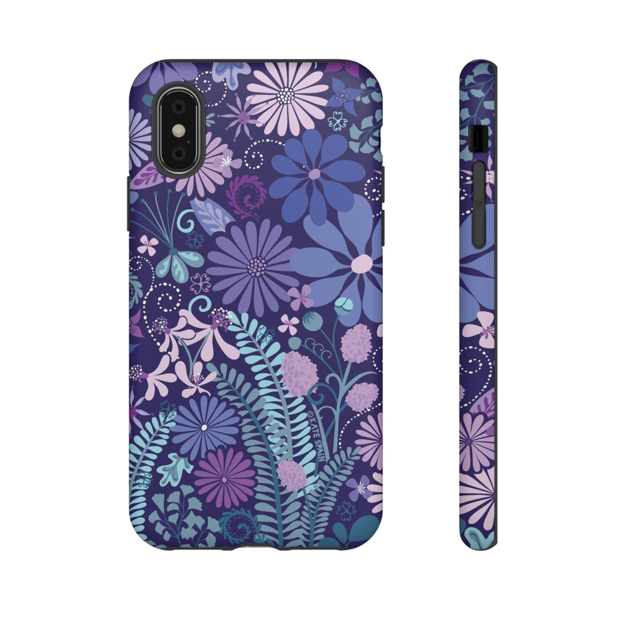 Luxury Terrain Tough iPhone XS Case – Matte | navy, purple, aqua botanical woodland floral print