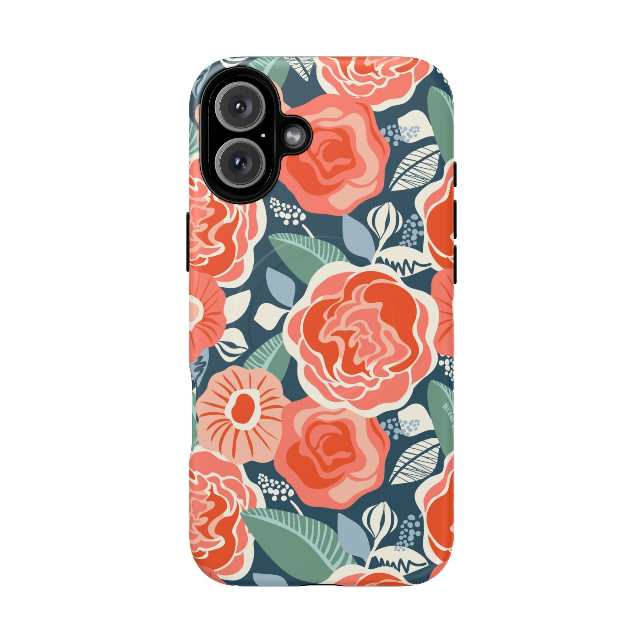 Luxury Tea Rose Navy MagSafe iPhone 16 Plus Case – Matte | navy, coral, peach botanical rose floral print