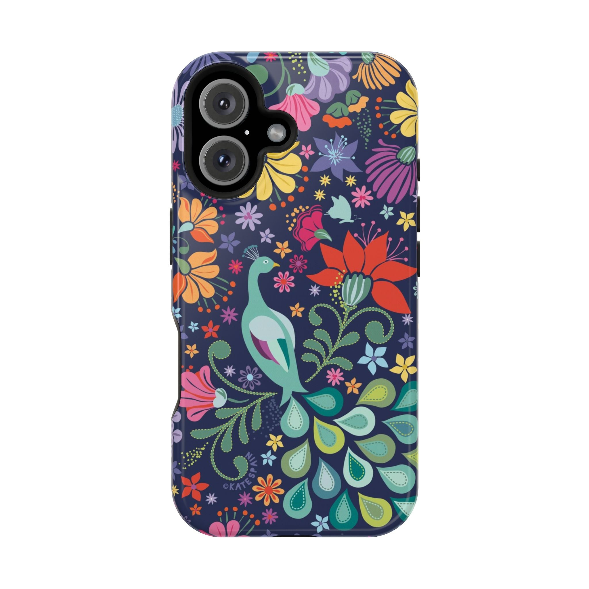 Peacock Sanctuary MagSafe iPhone 16 Case – Glossy | navy, teal, ivory peacock botanical print MagSafe compatible, dual-layer protection