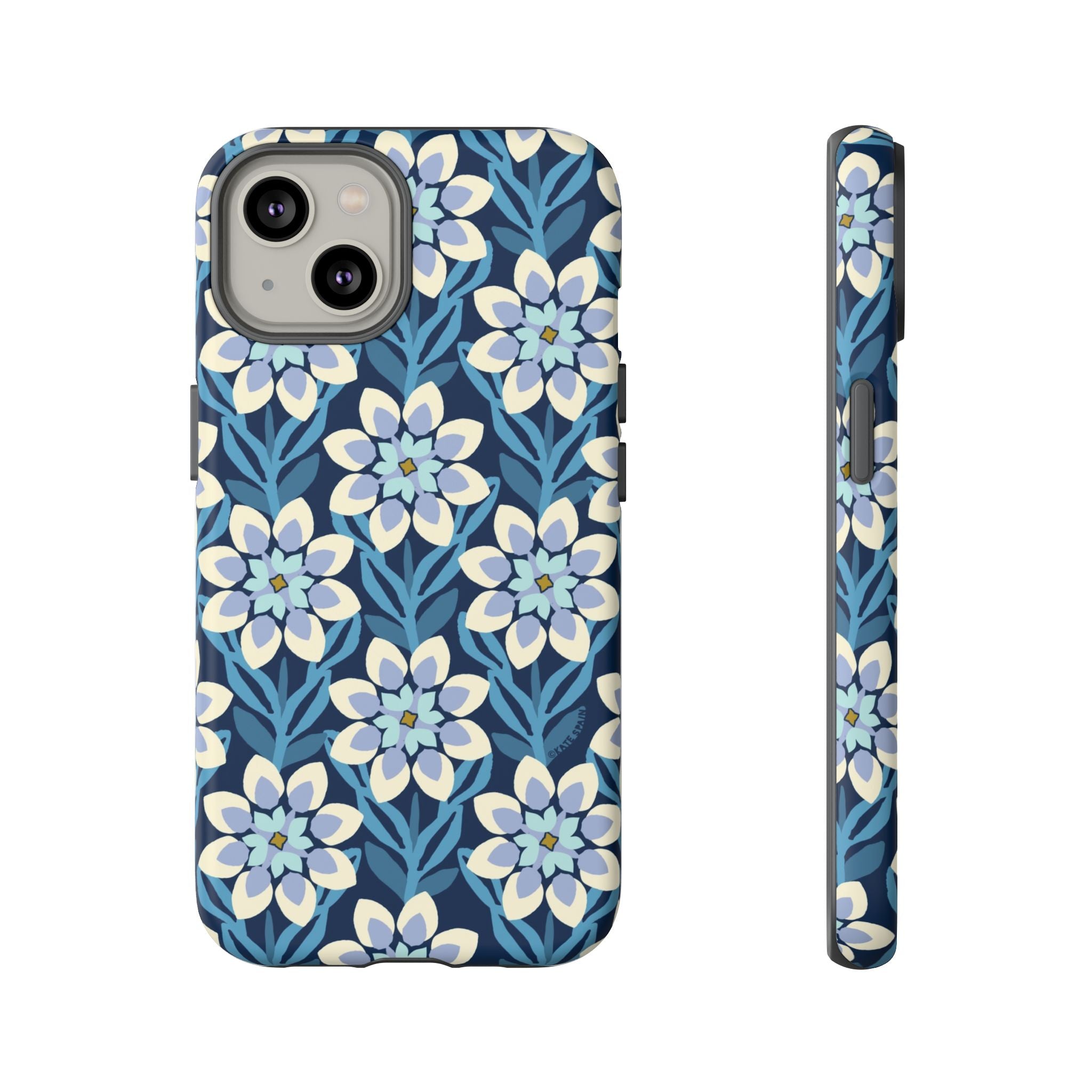 Designer Modern Dahlia Tough iPhone 14 Case – Matte | navy, cobalt, white dahlia floral print