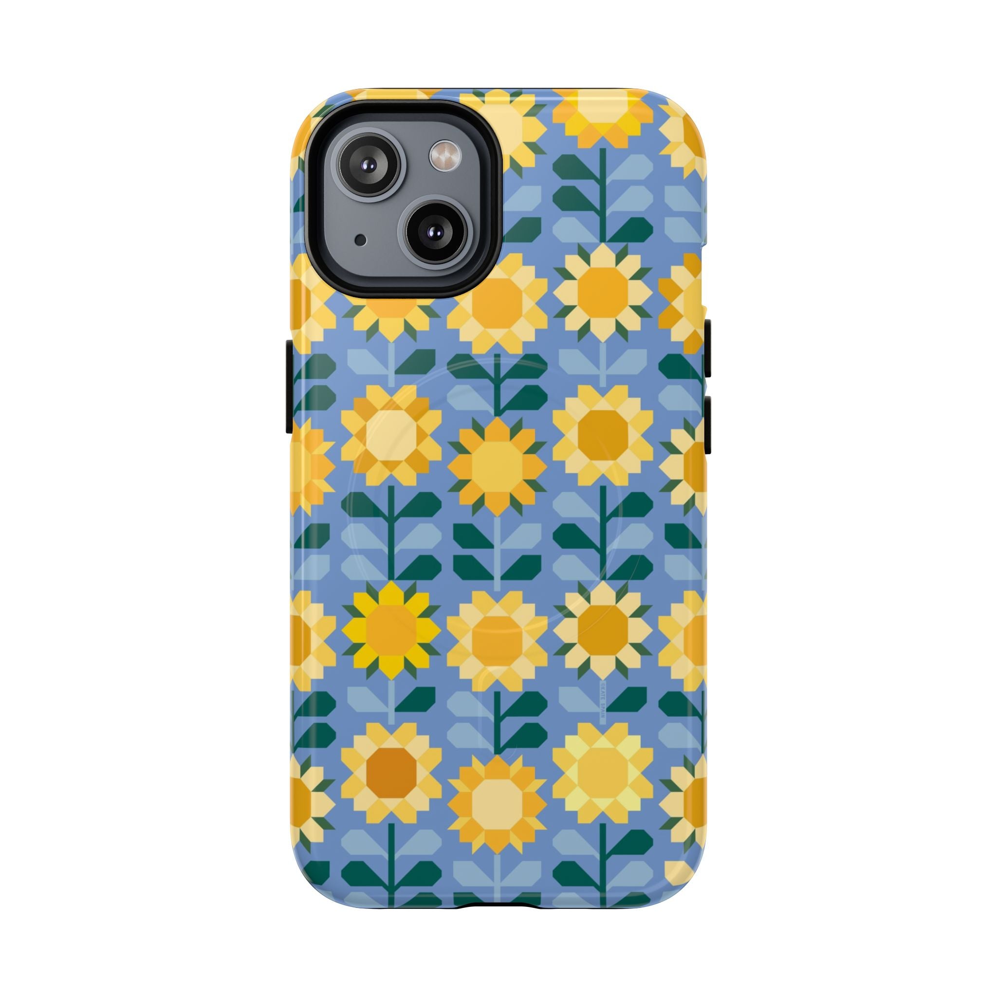 Sunflowers MagSafe iPhone 14 Case – Glossy | blue, yellow, gold geometric sunflower print