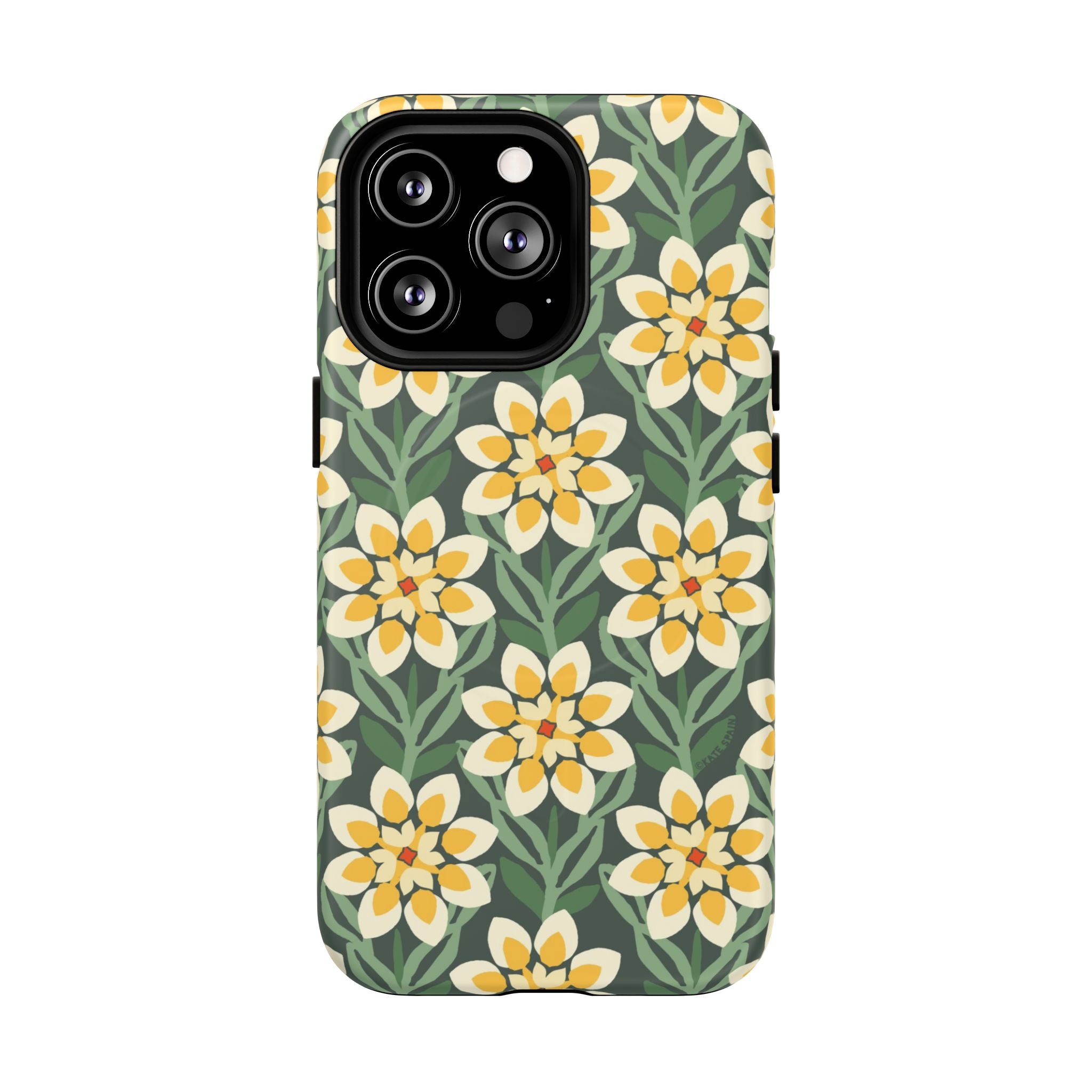 Designer Modern Dahlia MagSafe iPhone 13 Pro Case – Matte | yellow, cream, green dahlia floral print