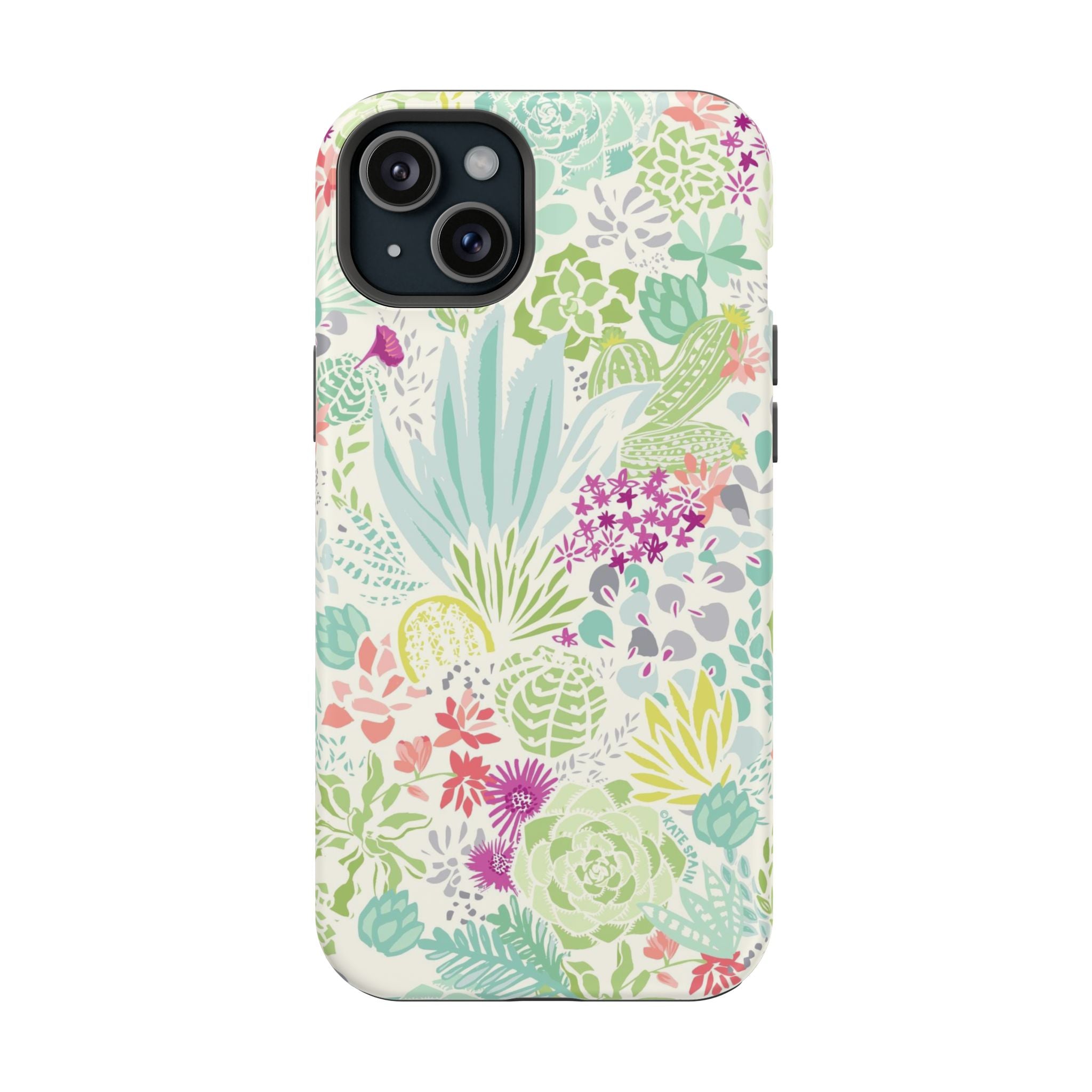 Canyon MagSafe iPhone 15 Plus Case – Matte | aqua, coral, purple, sage green succulent and cactus print